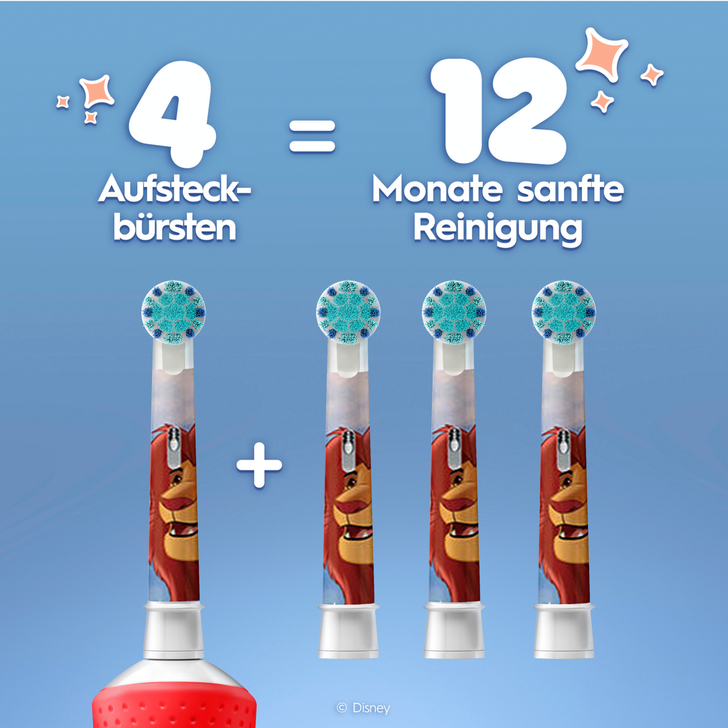 Vier Aufsteckbürsten ergeben 12 Monate sanfte Reinigung.