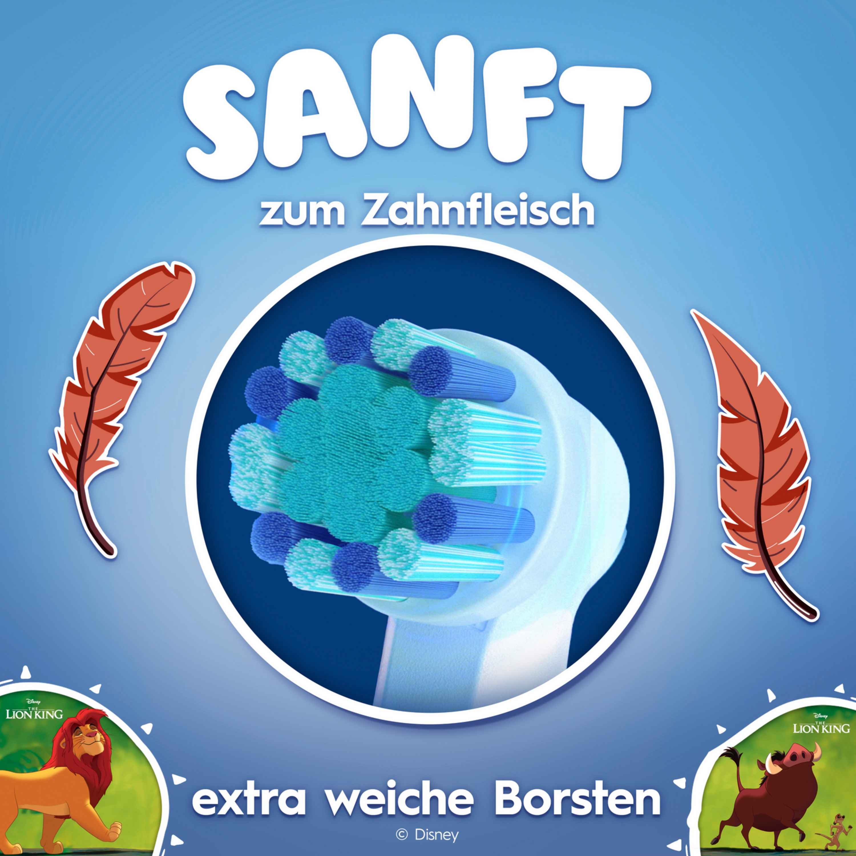 Zahnbürstenkopf mit weichen Borsten, "Sanft zum Zahnfleisch" Schriftzug, Löwe & Warzenschwein.