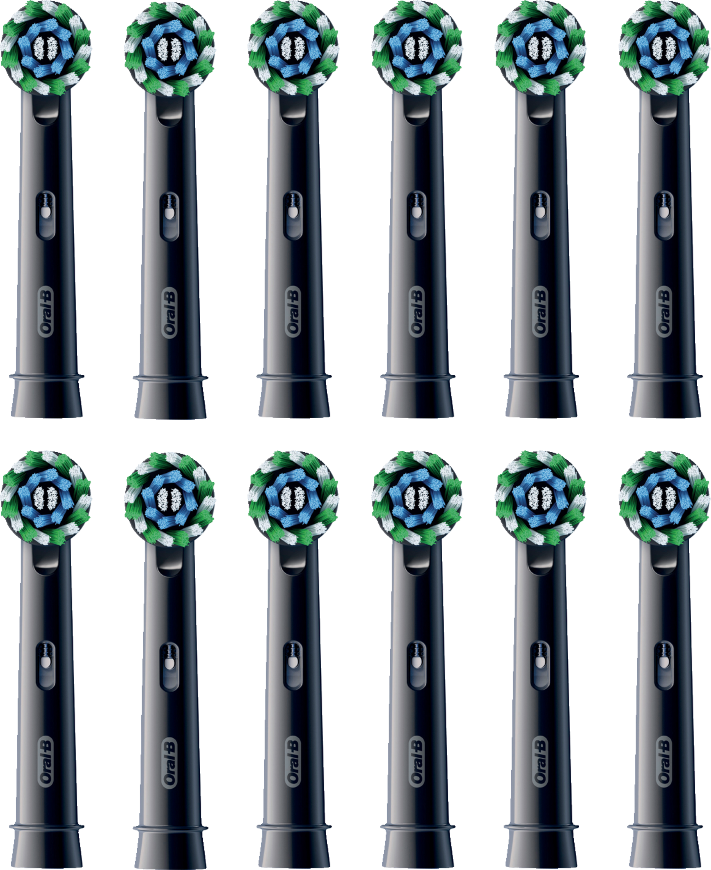 Zwölf schwarze Oral-B Aufsteckbürsten mit grünen, blauen und weißen Borsten.