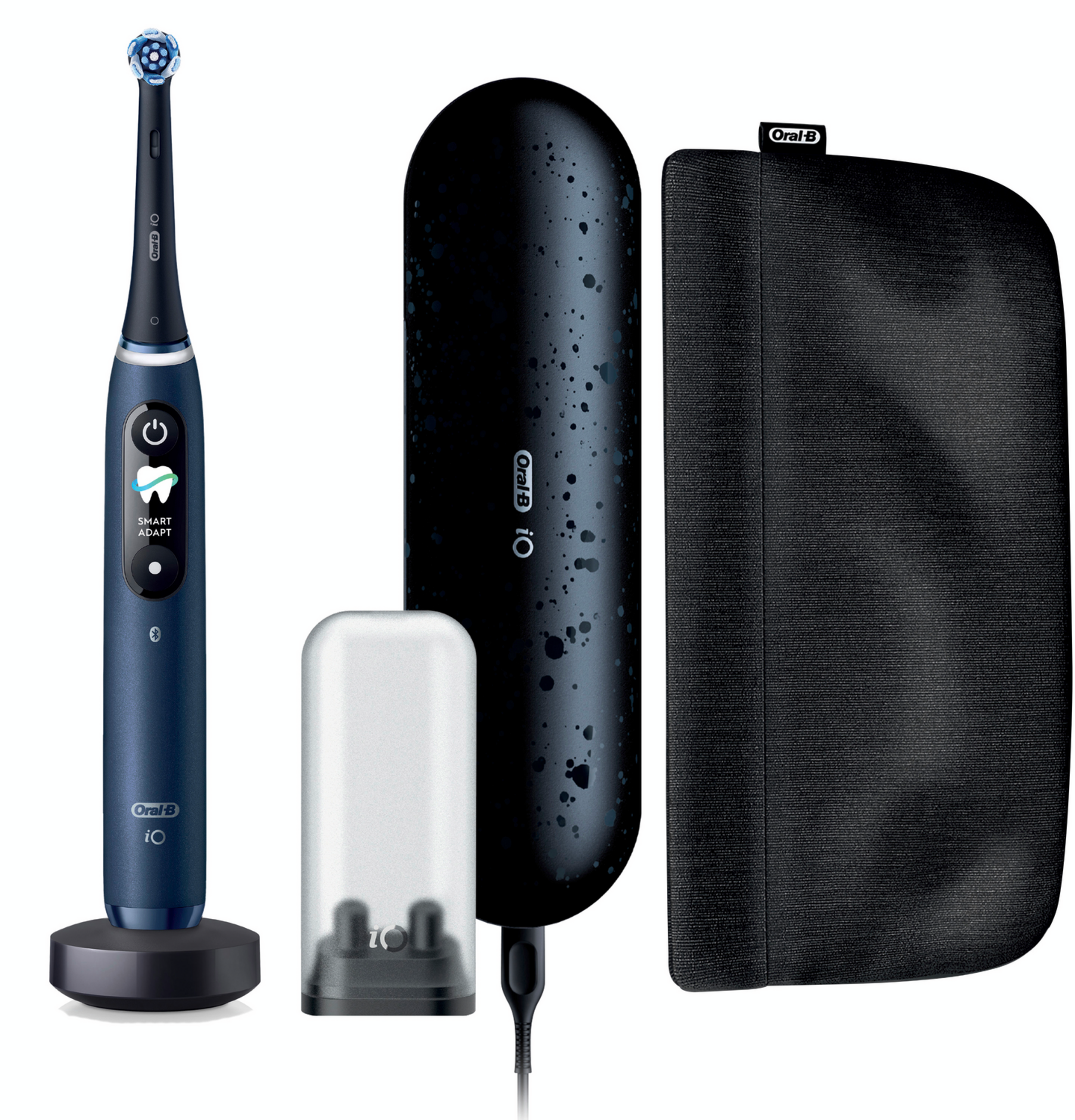 Dunkelblaue Oral-B Zahnbürste mit Ladestation, Reiseetui und Ladegerät.