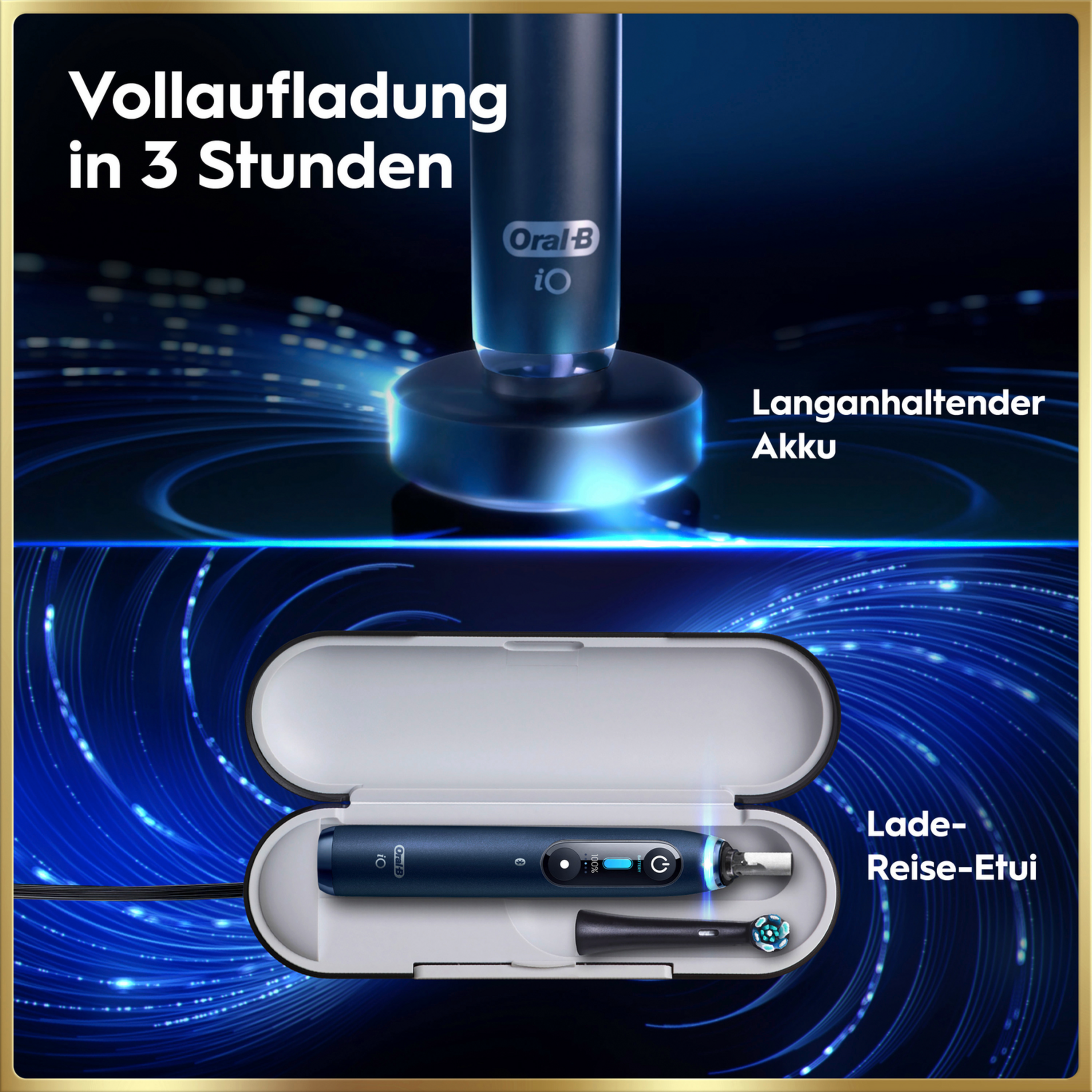 Oral-B iO Zahnbürste mit Ladestation und Reiseetui, blaue Akzente.