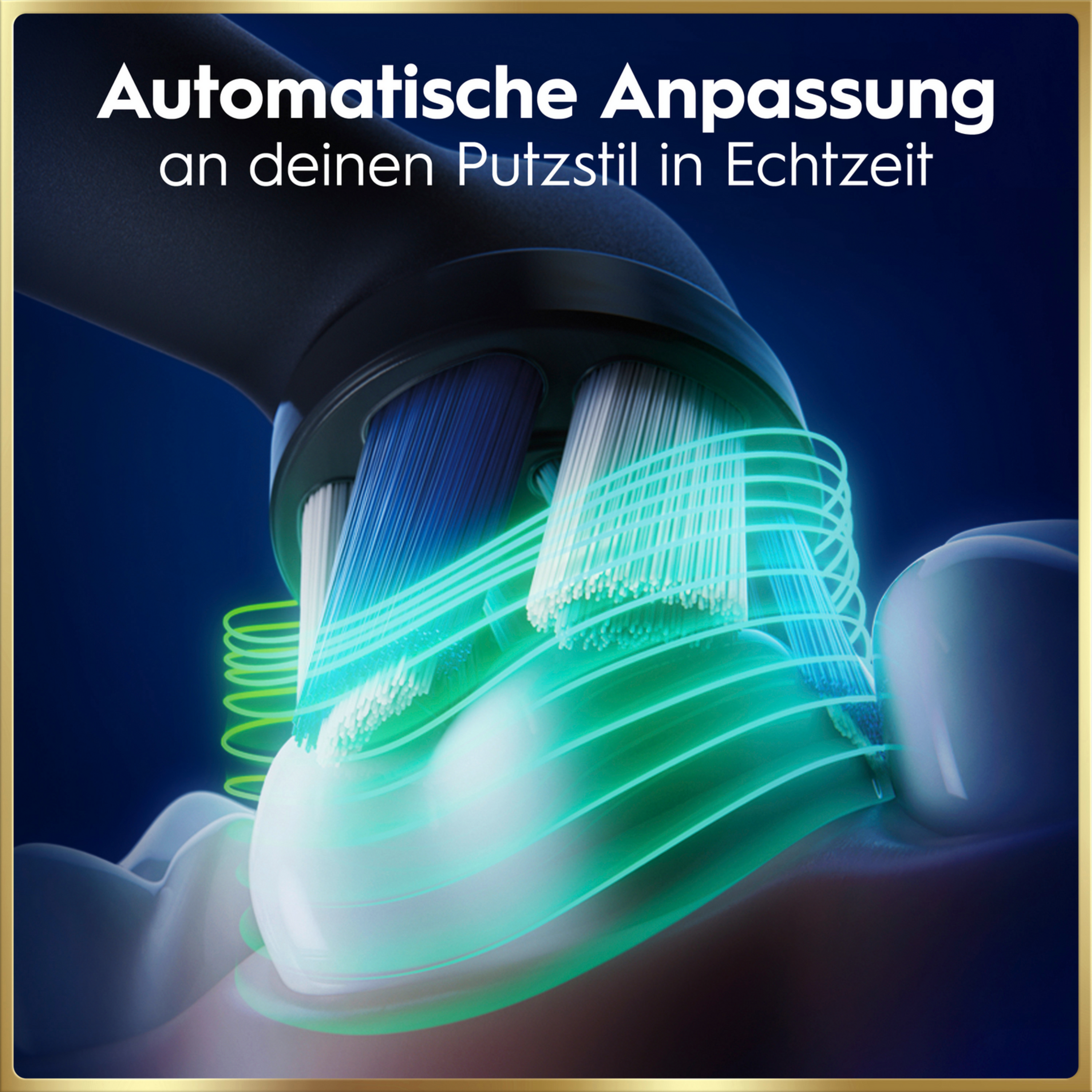 Elektrische Zahnbürste passt sich dem Putzstil an. Blaue und weiße Borsten.