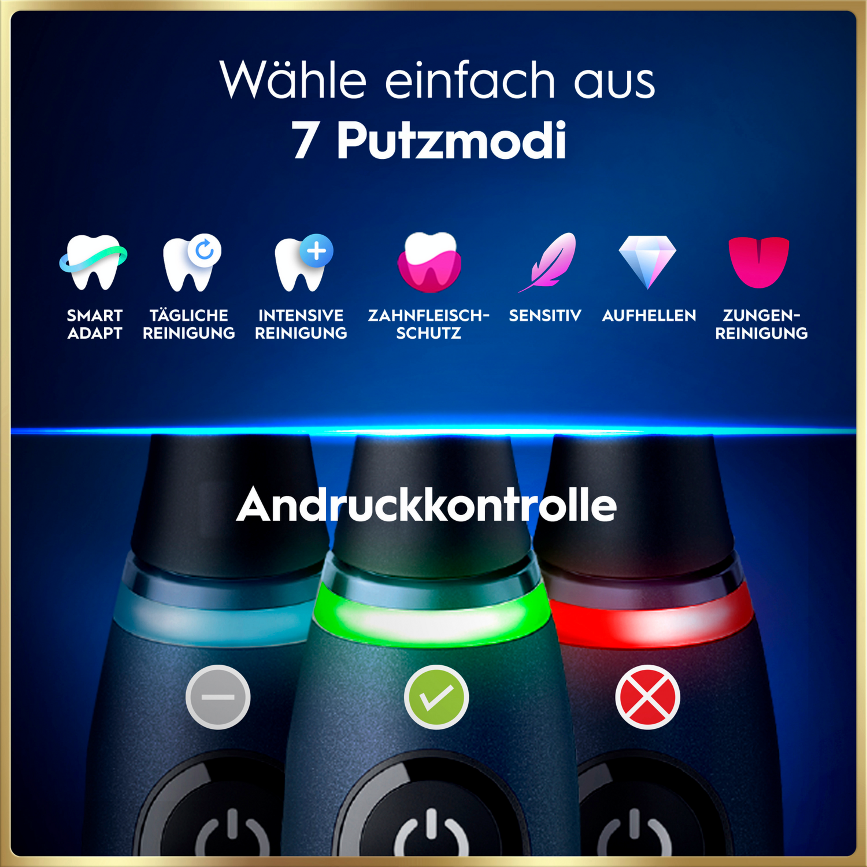 Elektrische Zahnbürsten mit 7 Modi und Andruckkontrolle im Detail.