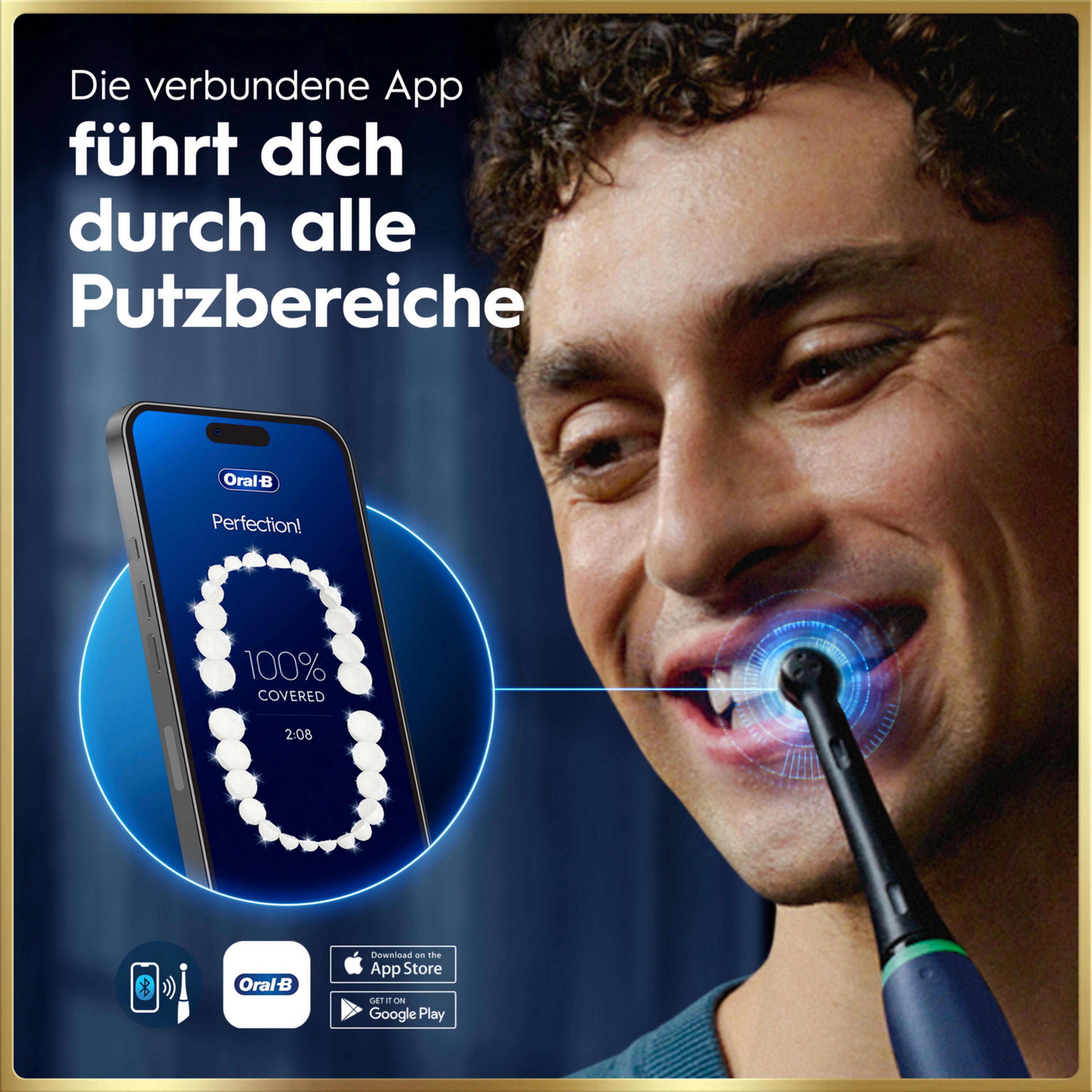 Mann benutzt elektrische Zahnbürste mit App-Anzeige für 100% Abdeckung.
