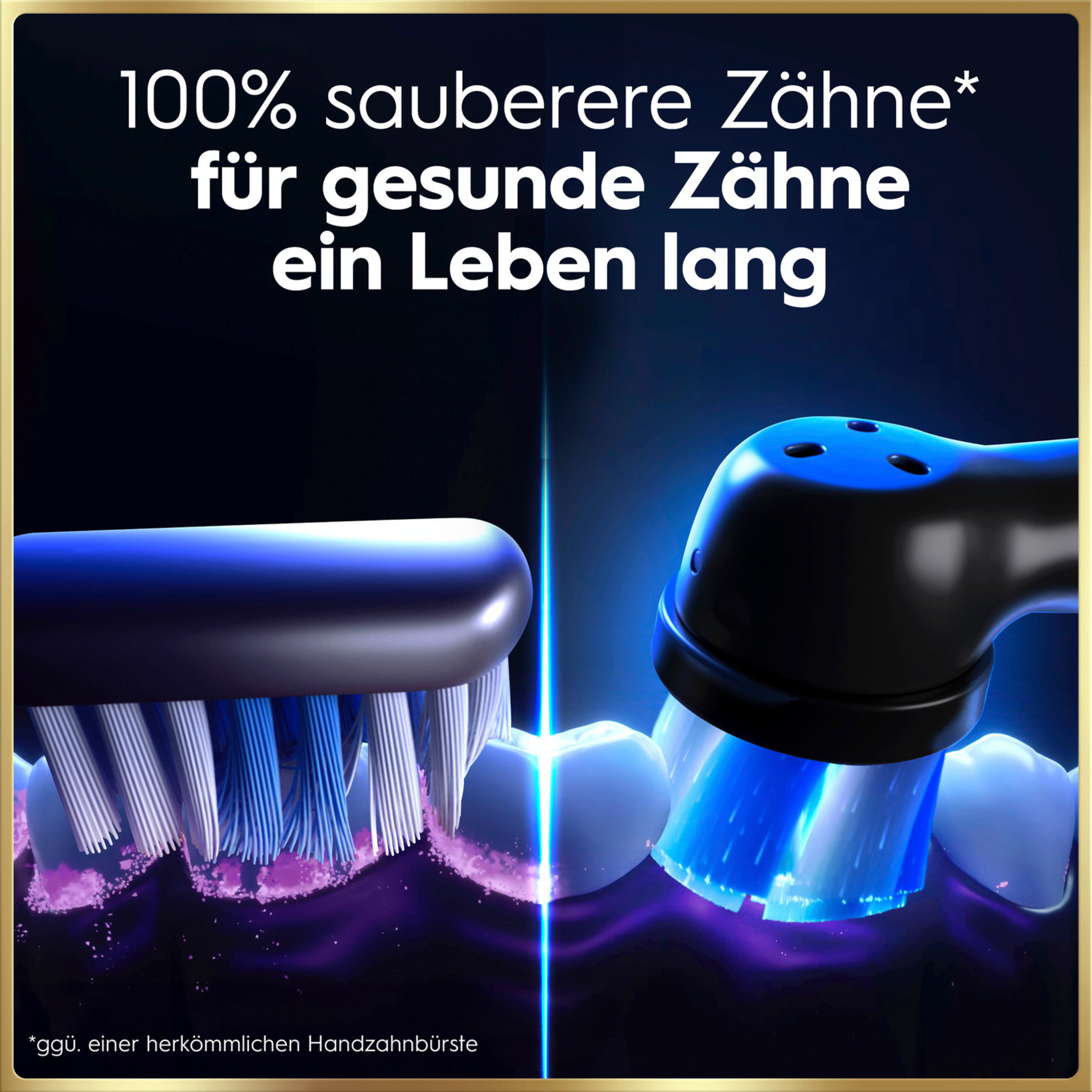 Elektrische Zahnbürste reinigt Zähne mit blauen und weißen Borsten.