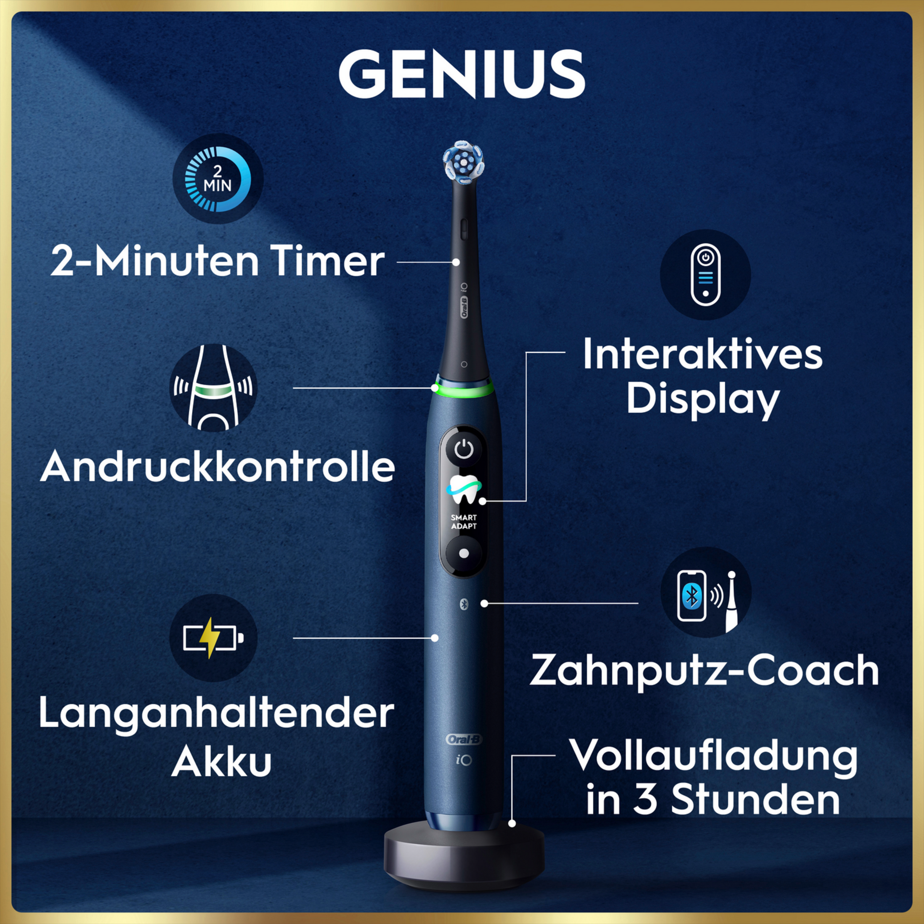 Oral-B iO GENIUS Zahnbürste mit Lade-Stand. Merkmale: Timer, Druckkontrolle, Akku, Display, Coach.