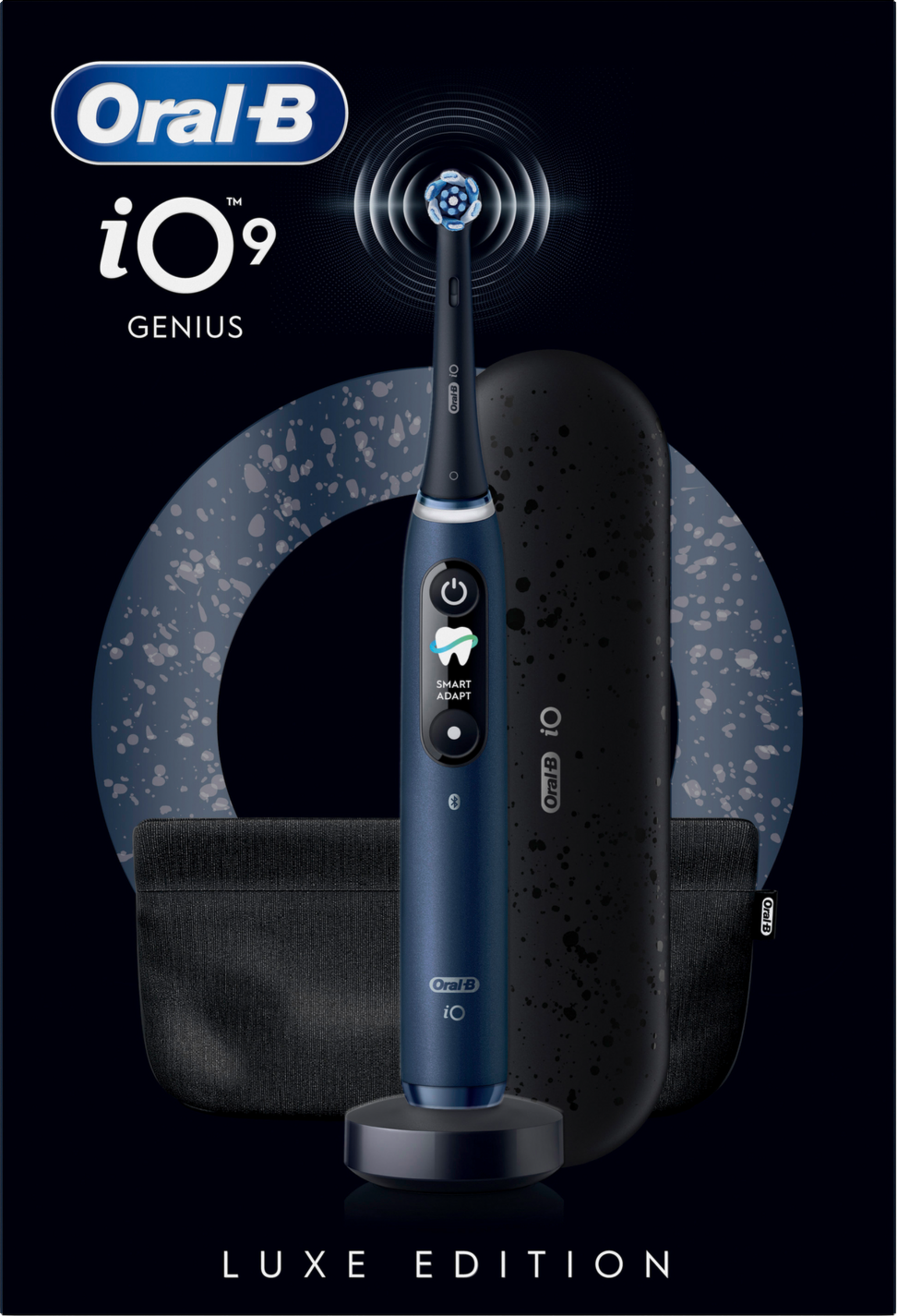 Blaue Oral-B iO9 Genius elektrische Zahnbürste mit Ladegerät und Hülle.