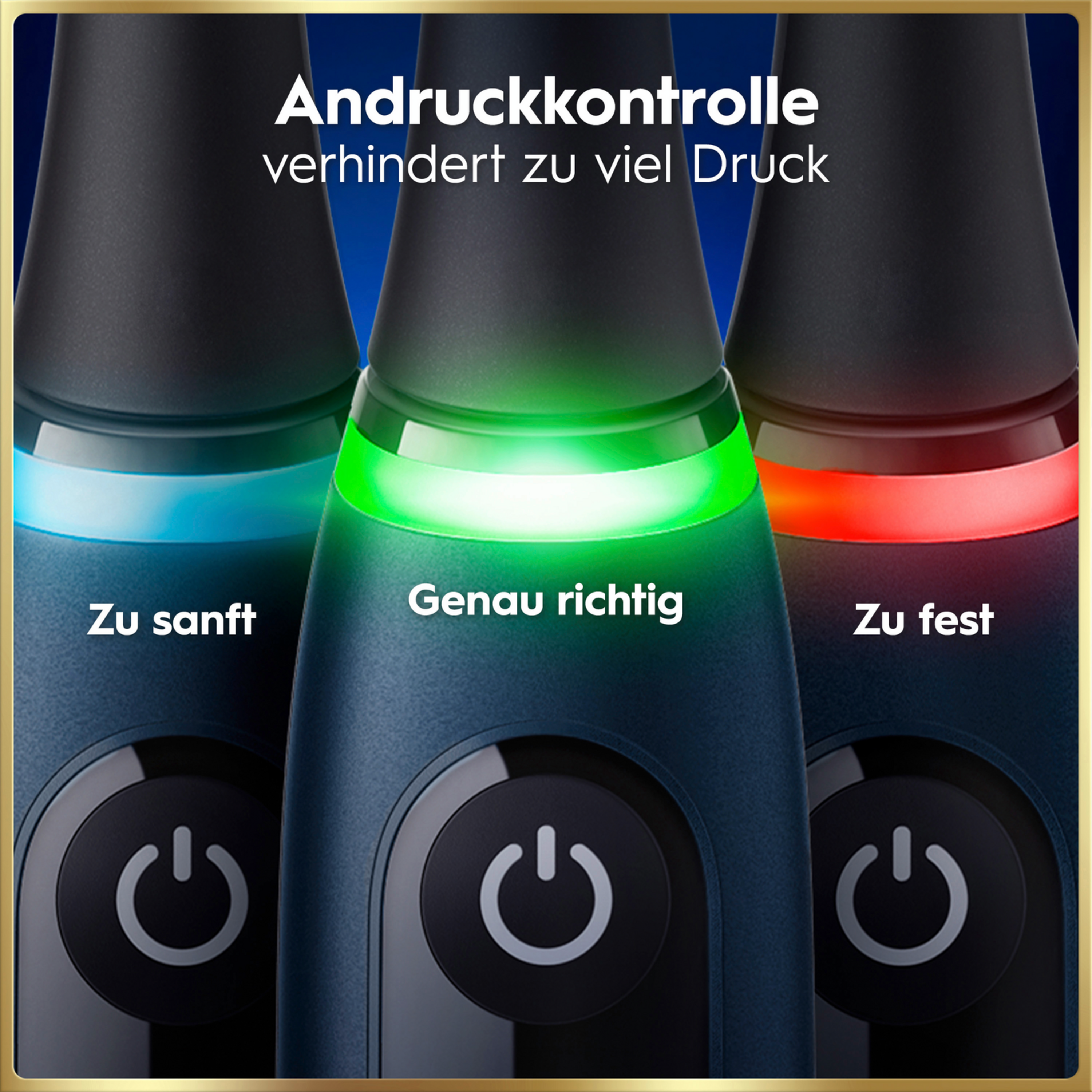 Drei elektrische Zahnbürsten mit Druckkontrolle: blau (zu sanft), grün (genau richtig), rot (zu fest).