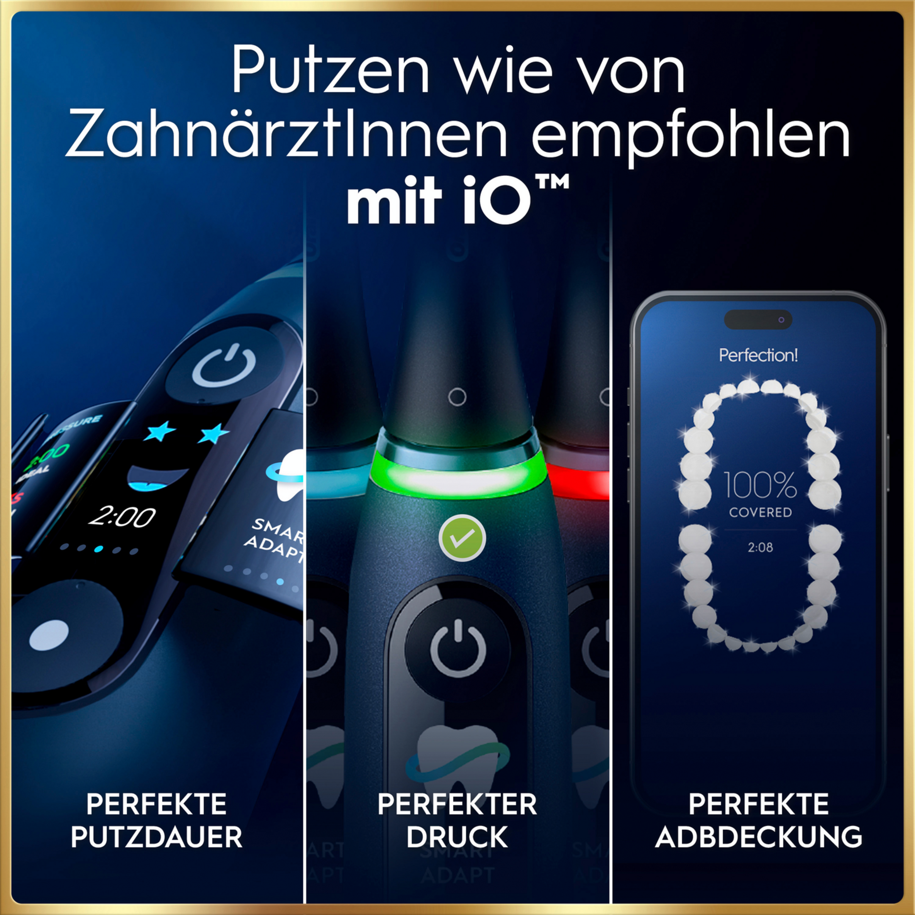 Drei elektrische Zahnbürsten mit App-Anzeige und Zahn-App.