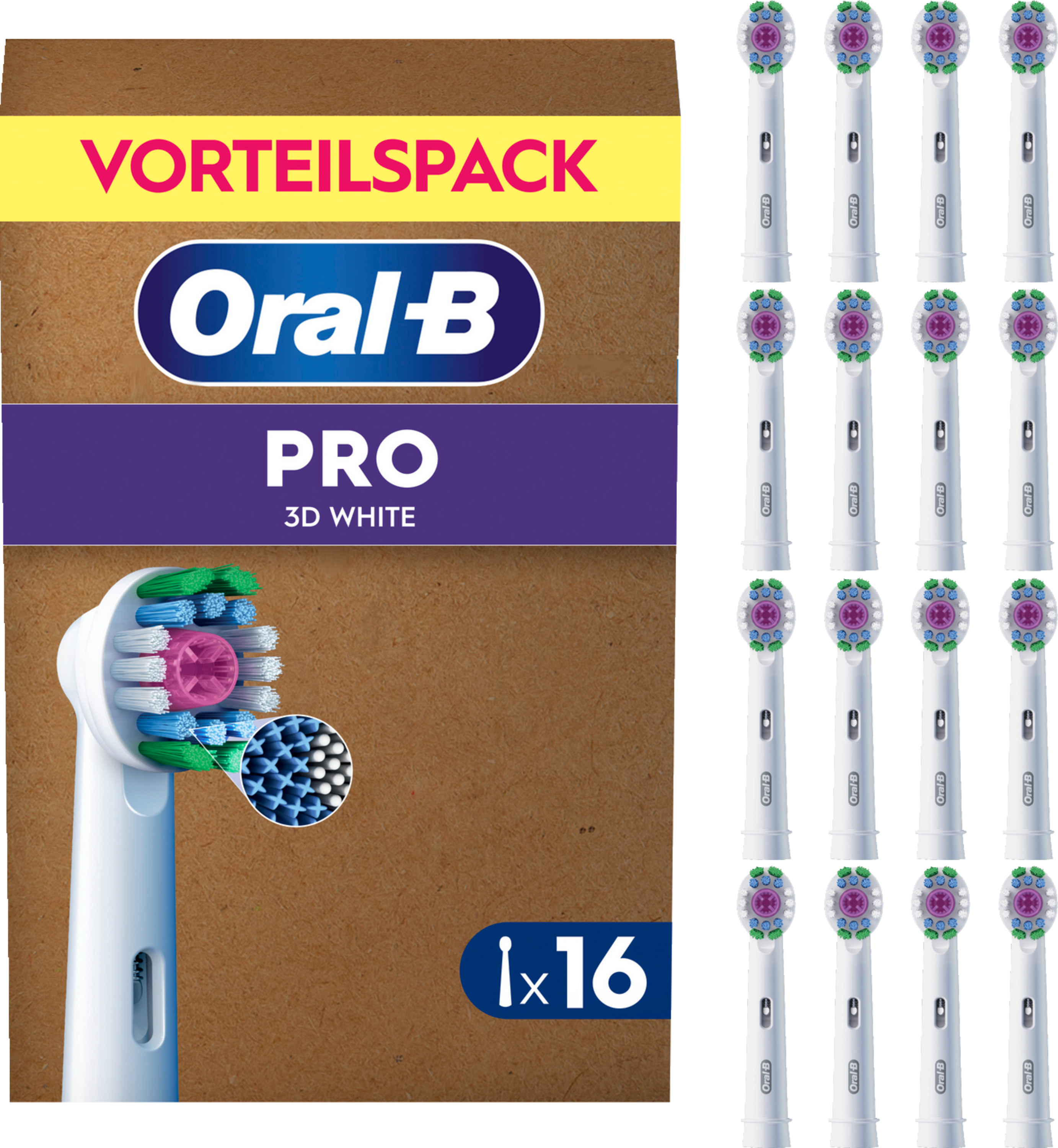Packung mit 16 Oral-B 3D White Aufsteckbürsten und einer Beispielbürste.