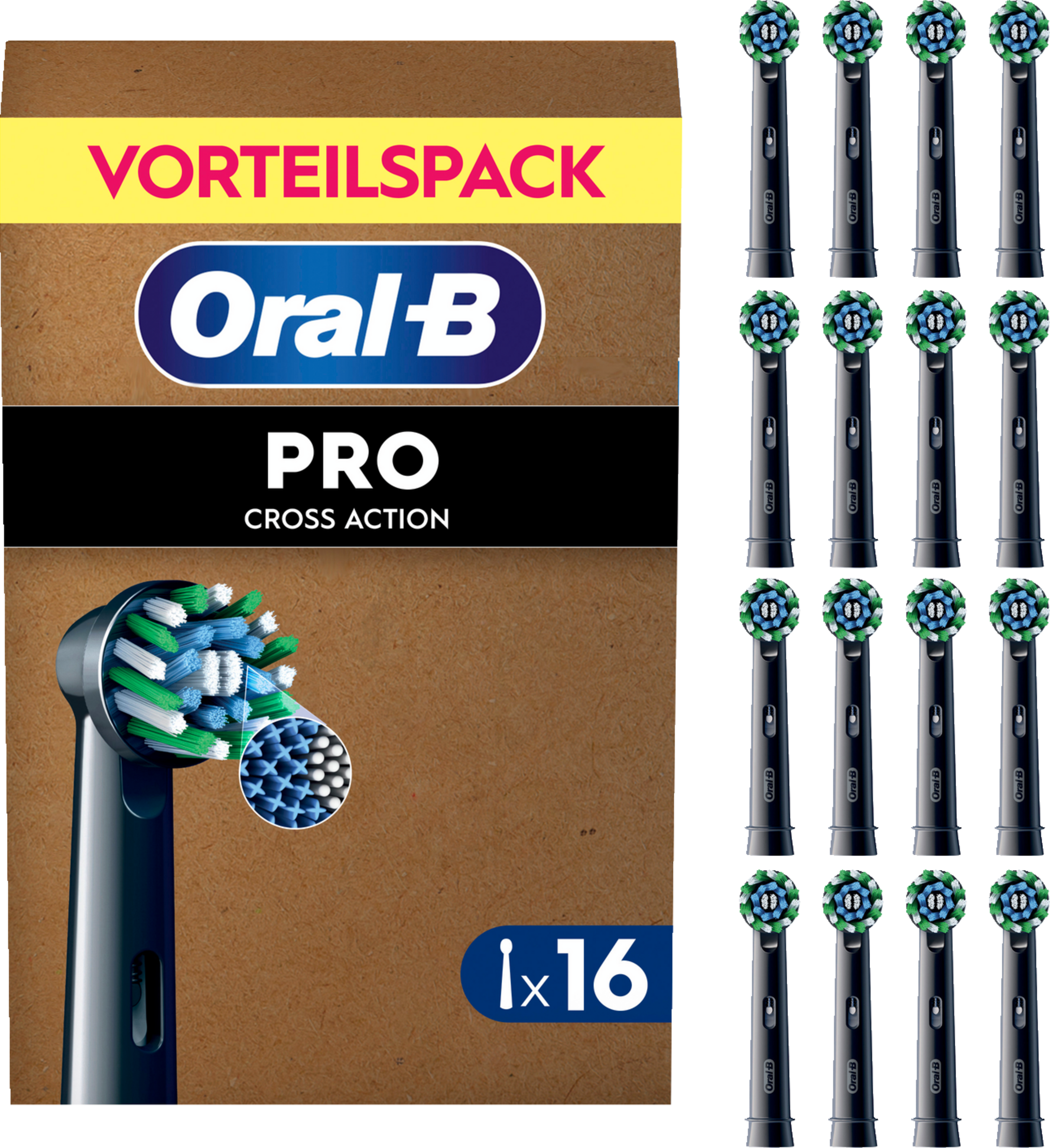 Verpackung mit 16 Oral-B Pro Cross Action Aufsteckbürsten, blau, weiß und grün.