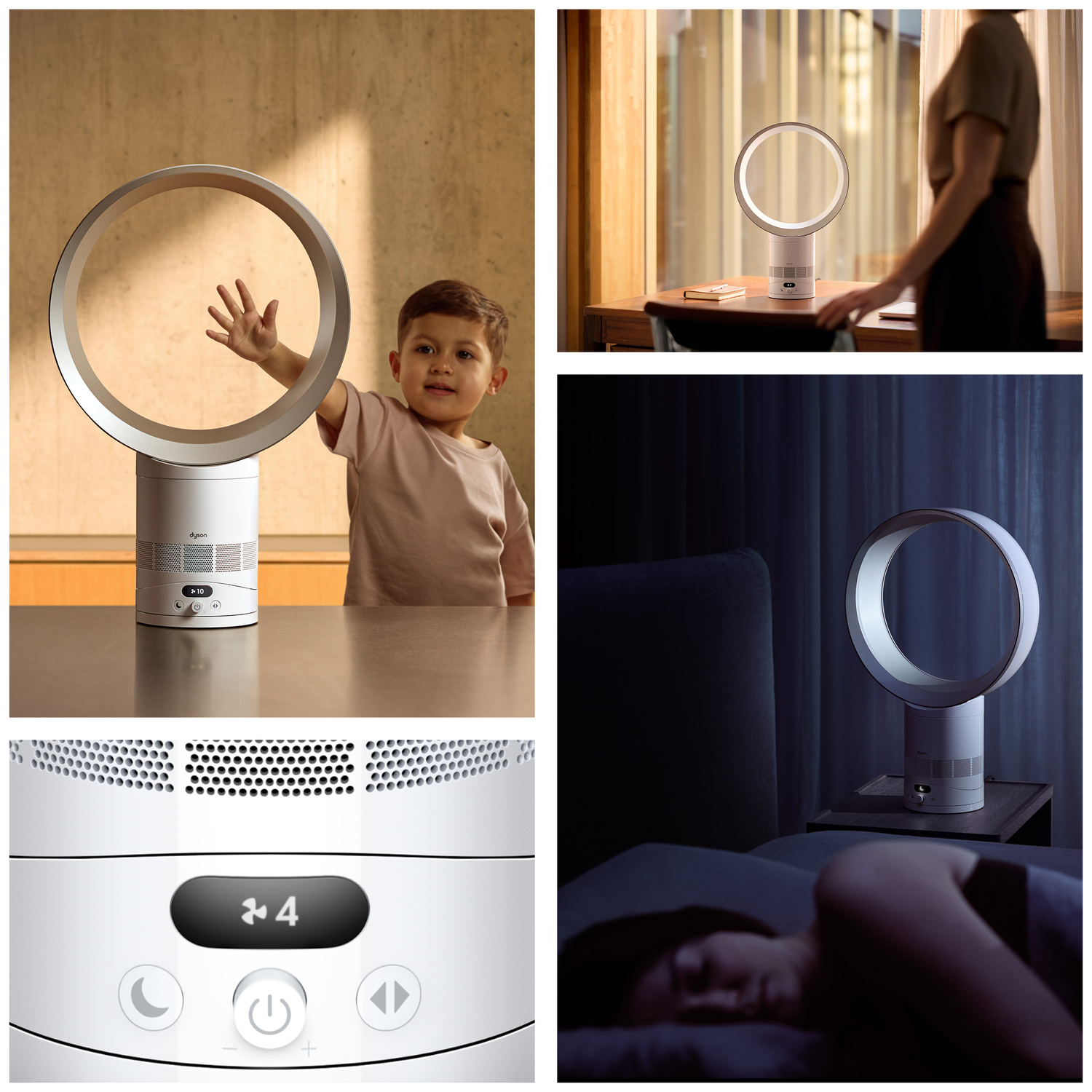A child touches a blue Dyson fan. A desk, a bed, and close-up controls are shown.