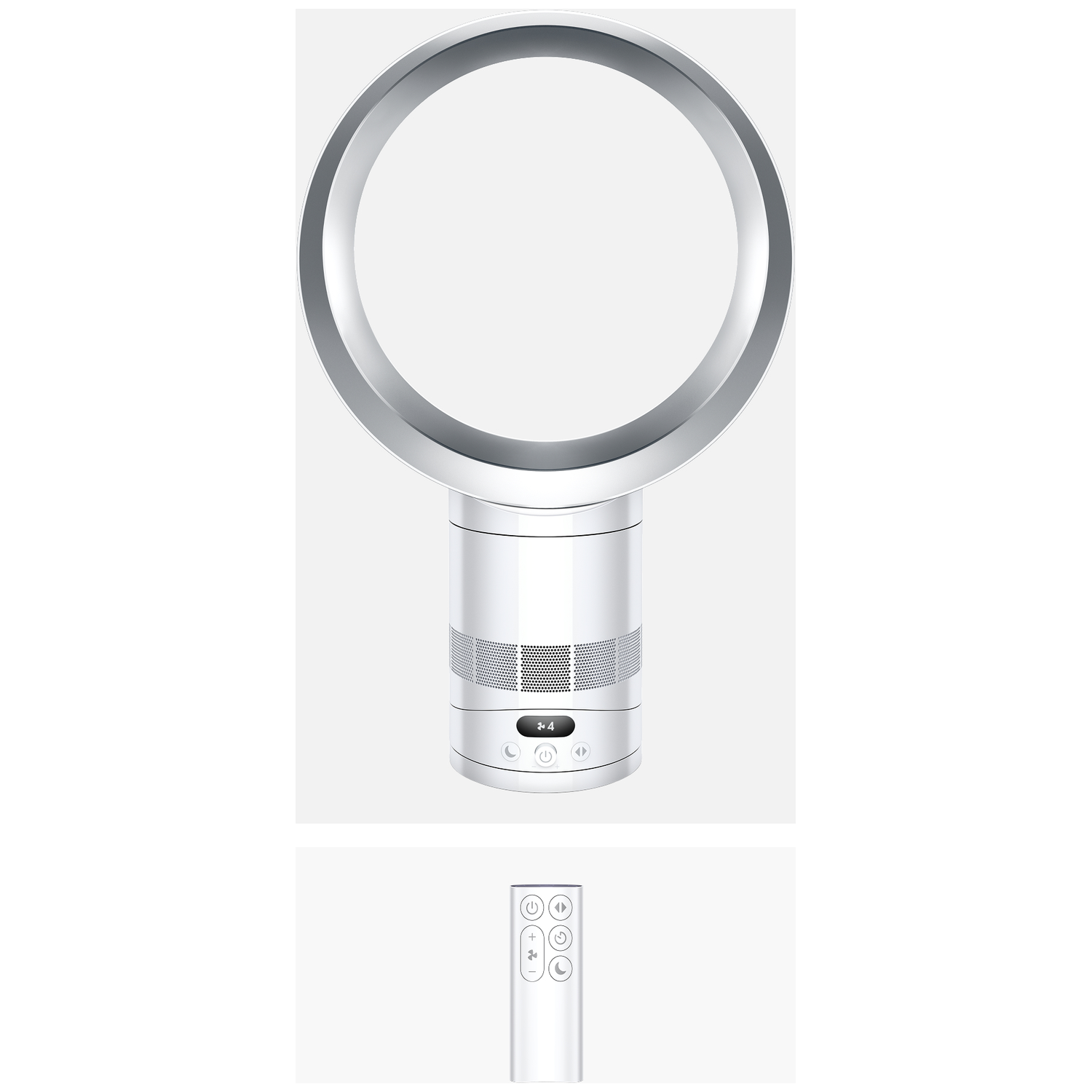 A white bladeless fan with a silver ring and a remote control.