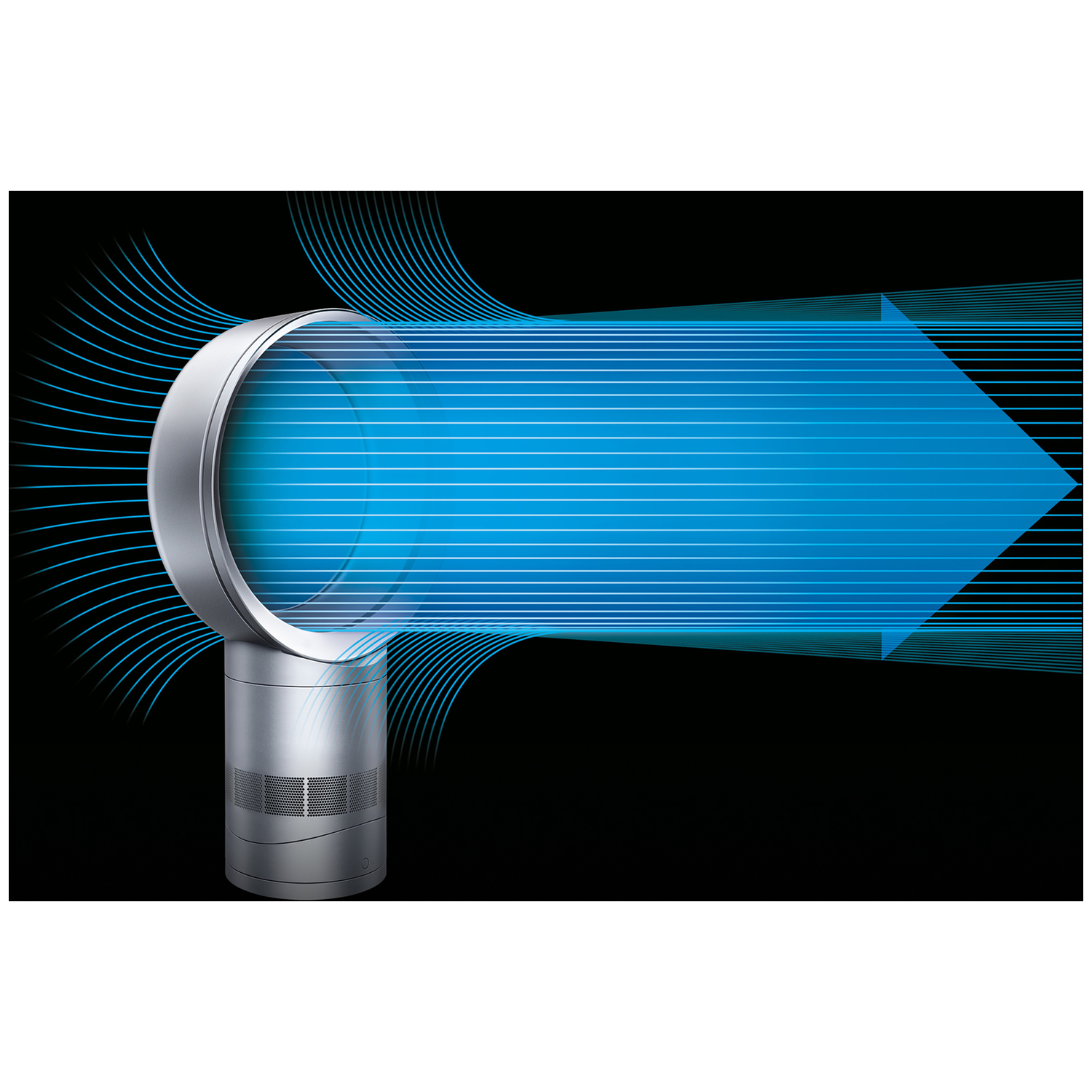 A silver fan with a blue airflow against a black background.