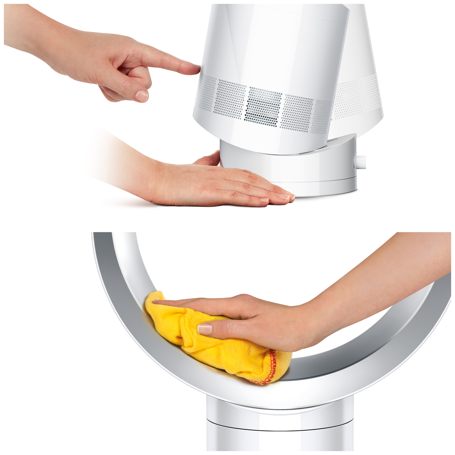 A white fan being touched and cleaned. A hand presses a button on the fan's base; another hand cleans the fan's loop with a cloth.