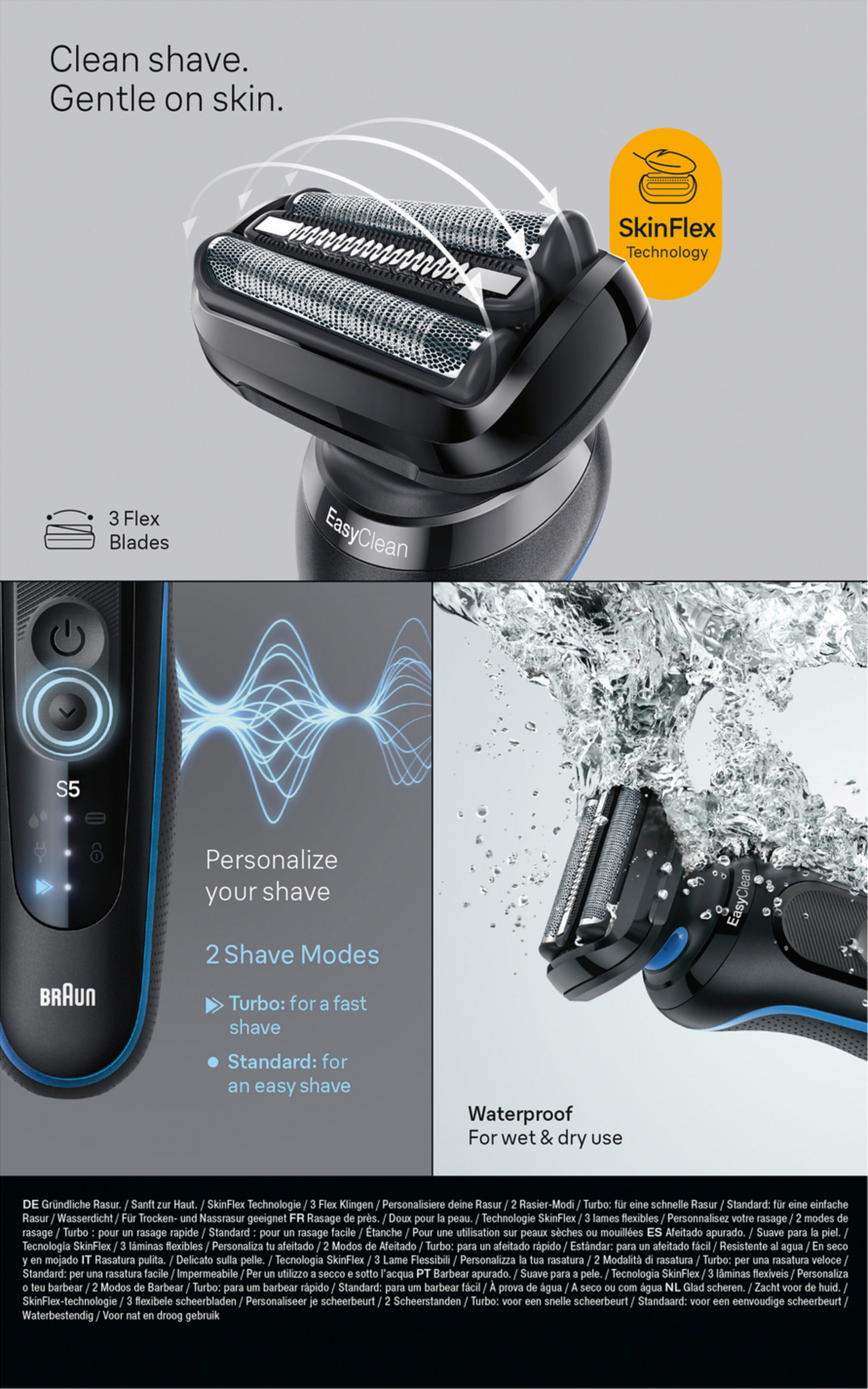 Braun Rasierer mit 3 Flex Klingen, SkinFlex Technologie, wasserdicht.