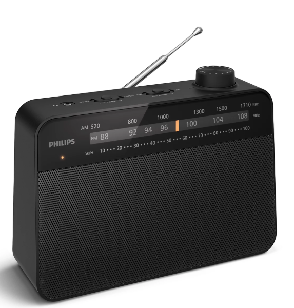 Ein schwarzer Philips Radio mit Antenne, Lautsprecher und Skala.