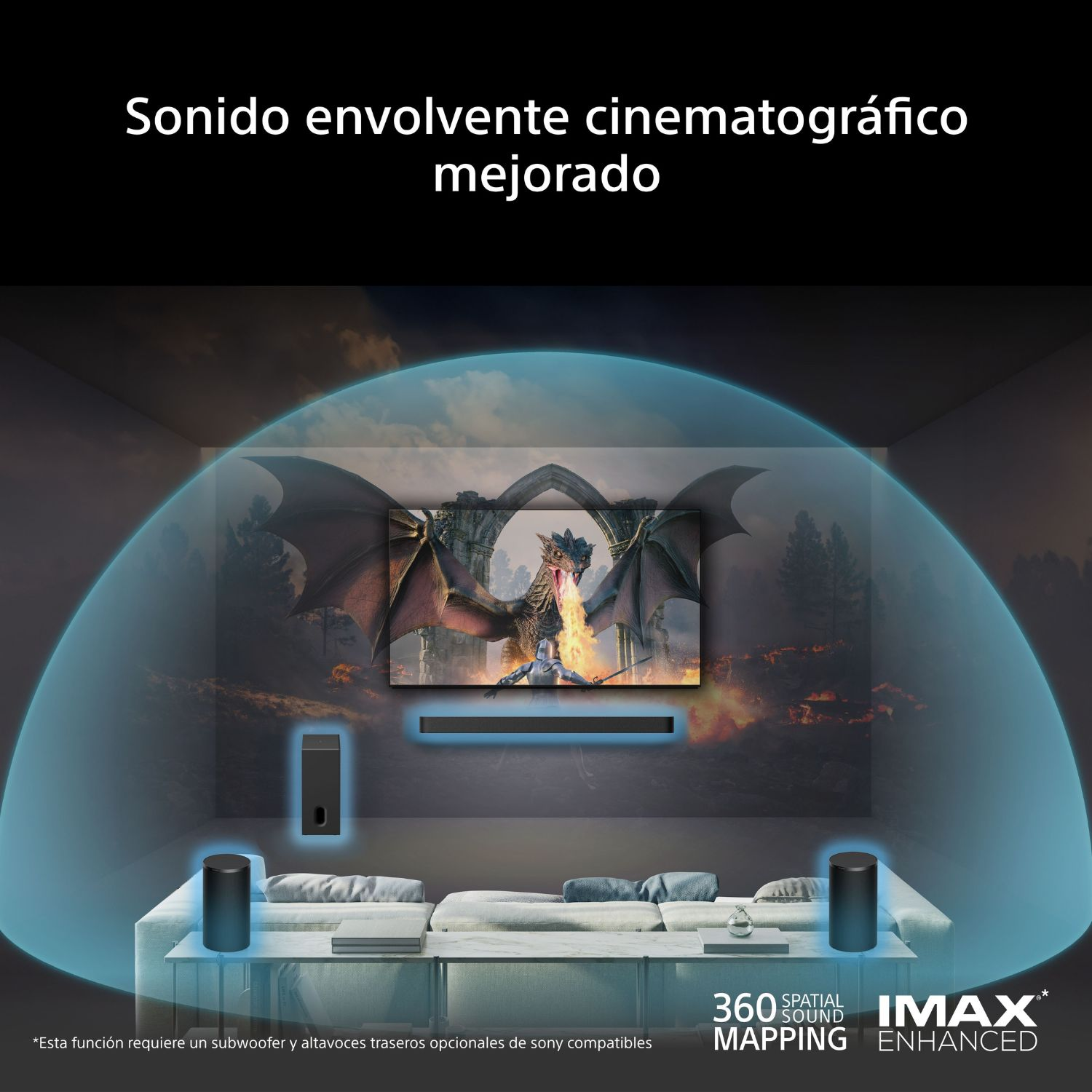 Sonido envolvente cinematográfico mejorado. IMAX ENHANCED*. 360 SPATIAL SOUND MAPPING. *Requiere subwoofer y altavoces traseros Sony compatibles.