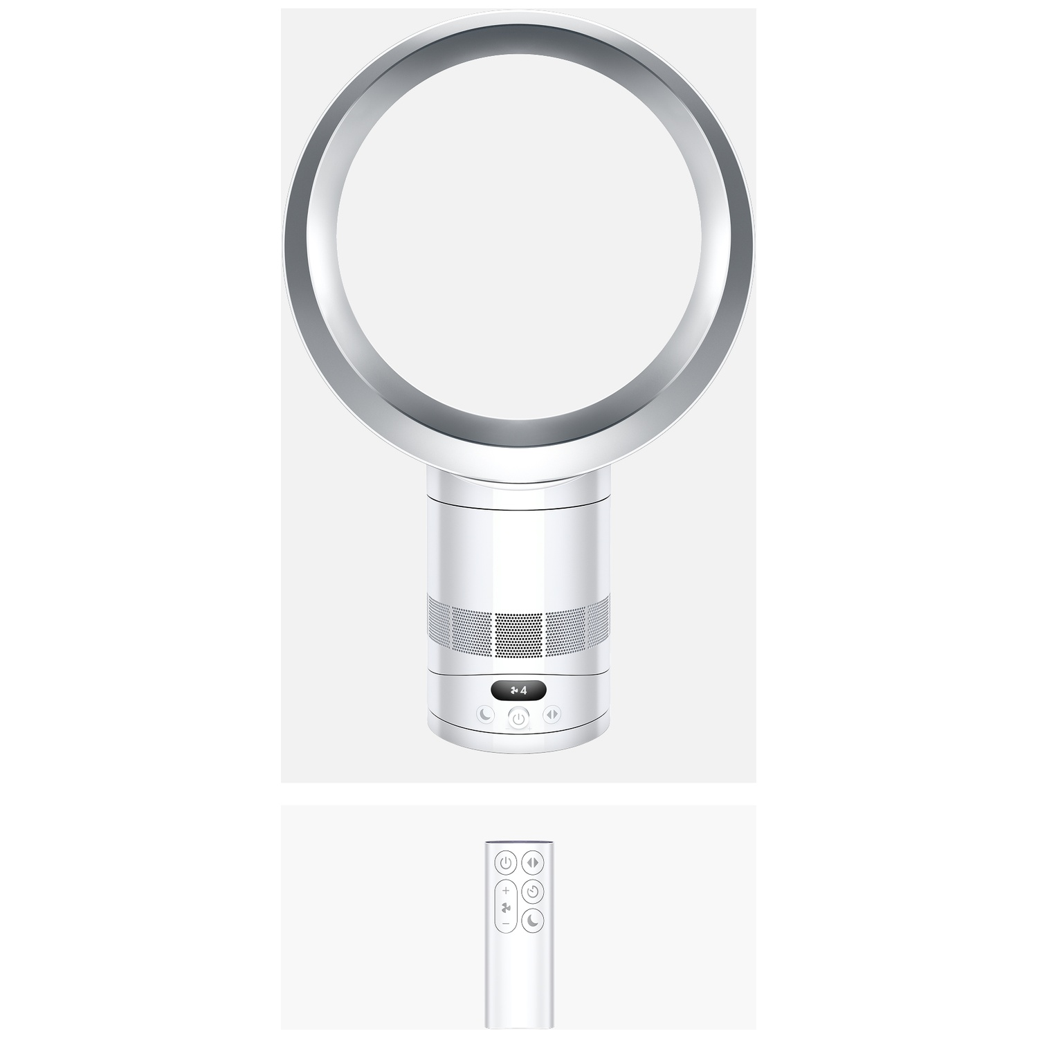 A white bladeless fan with a remote control.