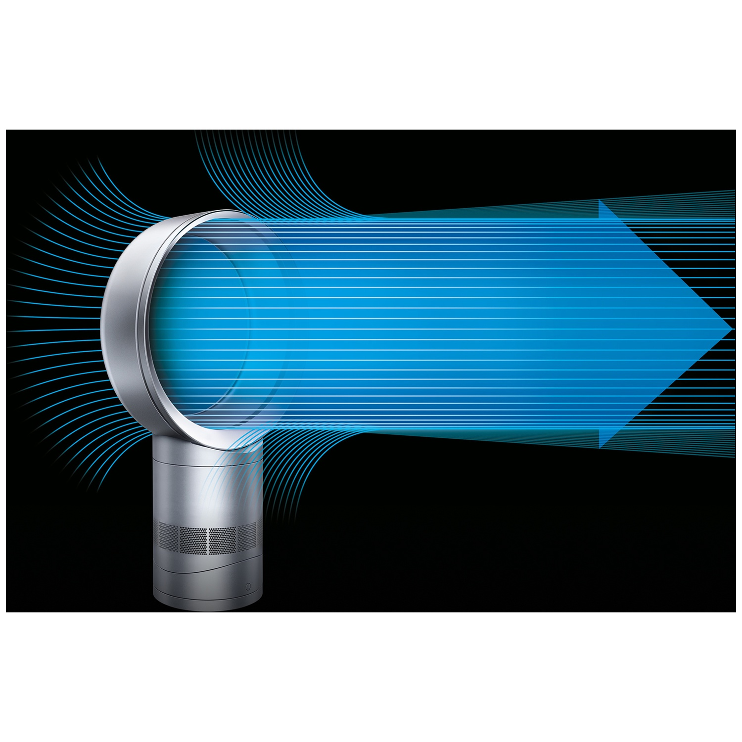 A silver bladeless fan with blue airflow lines on a black background.