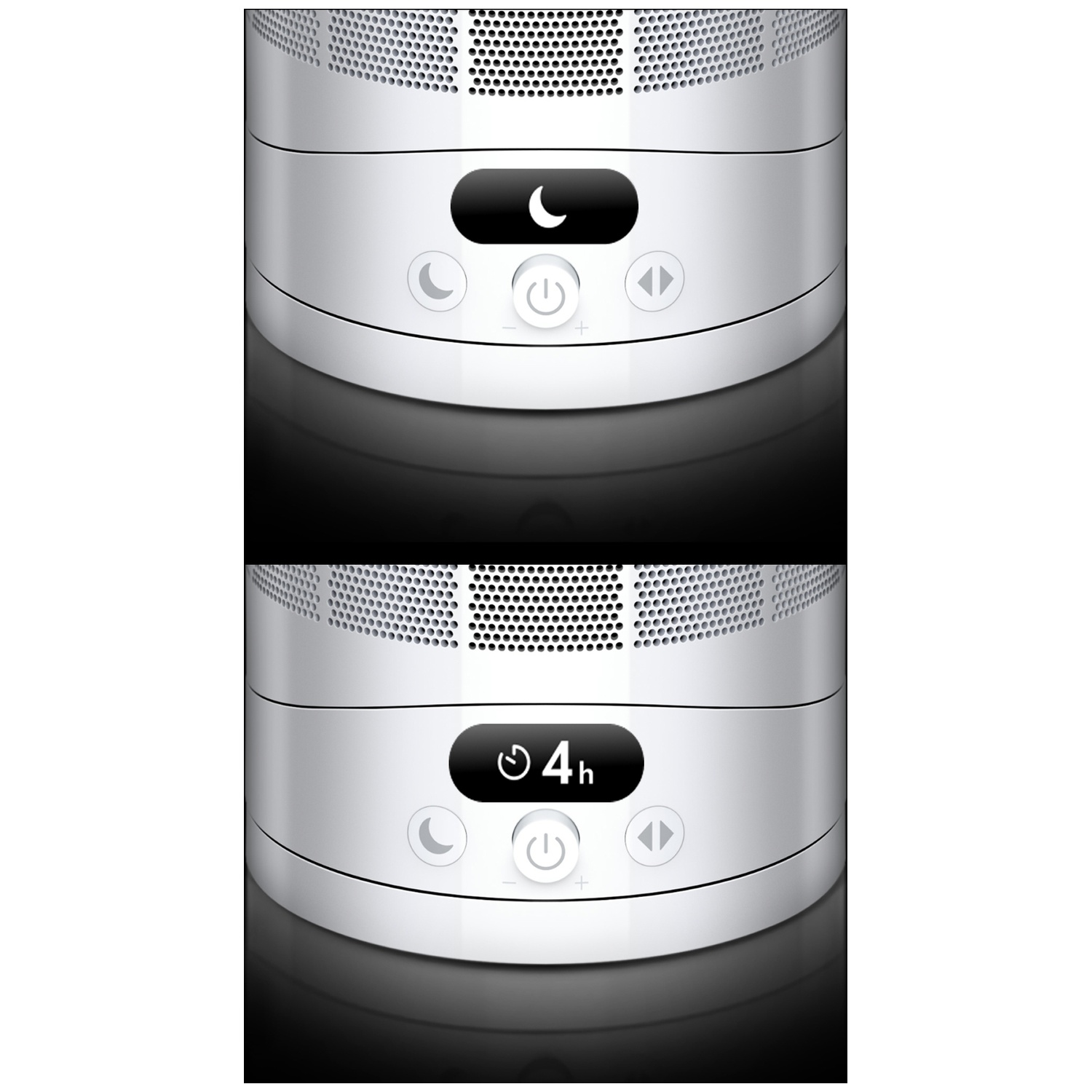 A white device shows a moon icon at the top and a 4h timer at the bottom.