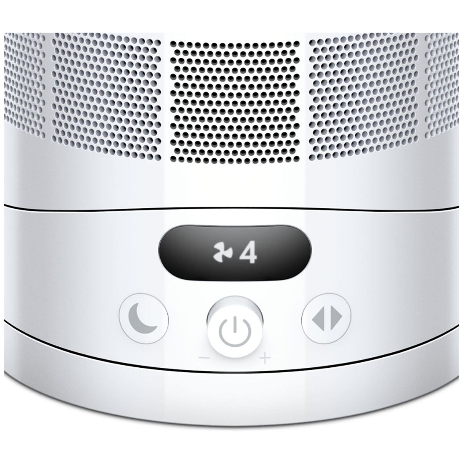 White air purifier with digital controls and ventilation grille. Fan speed is 4.