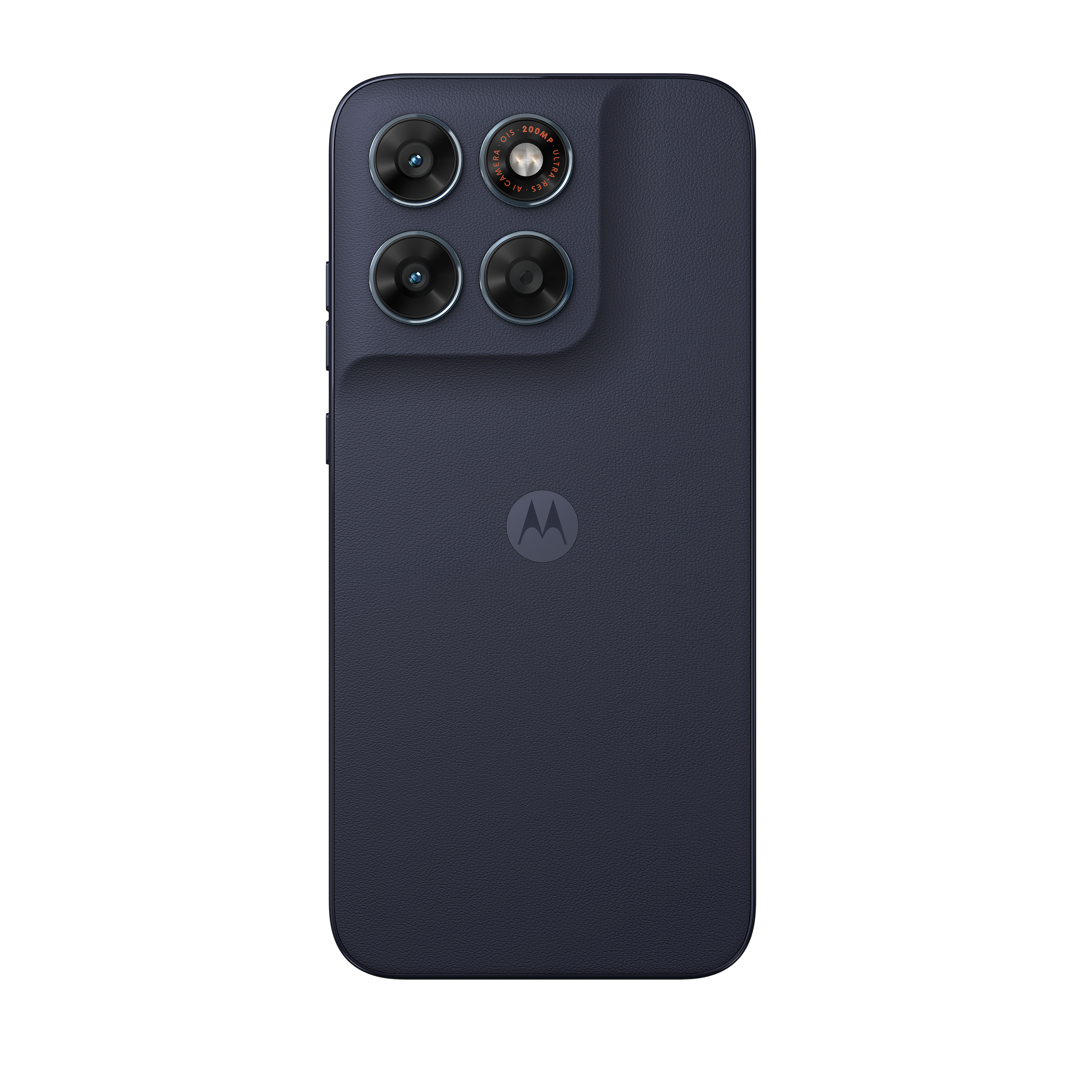 Dunkelblaues Smartphone mit vier Kameras und Motorola-Logo auf der Rückseite.