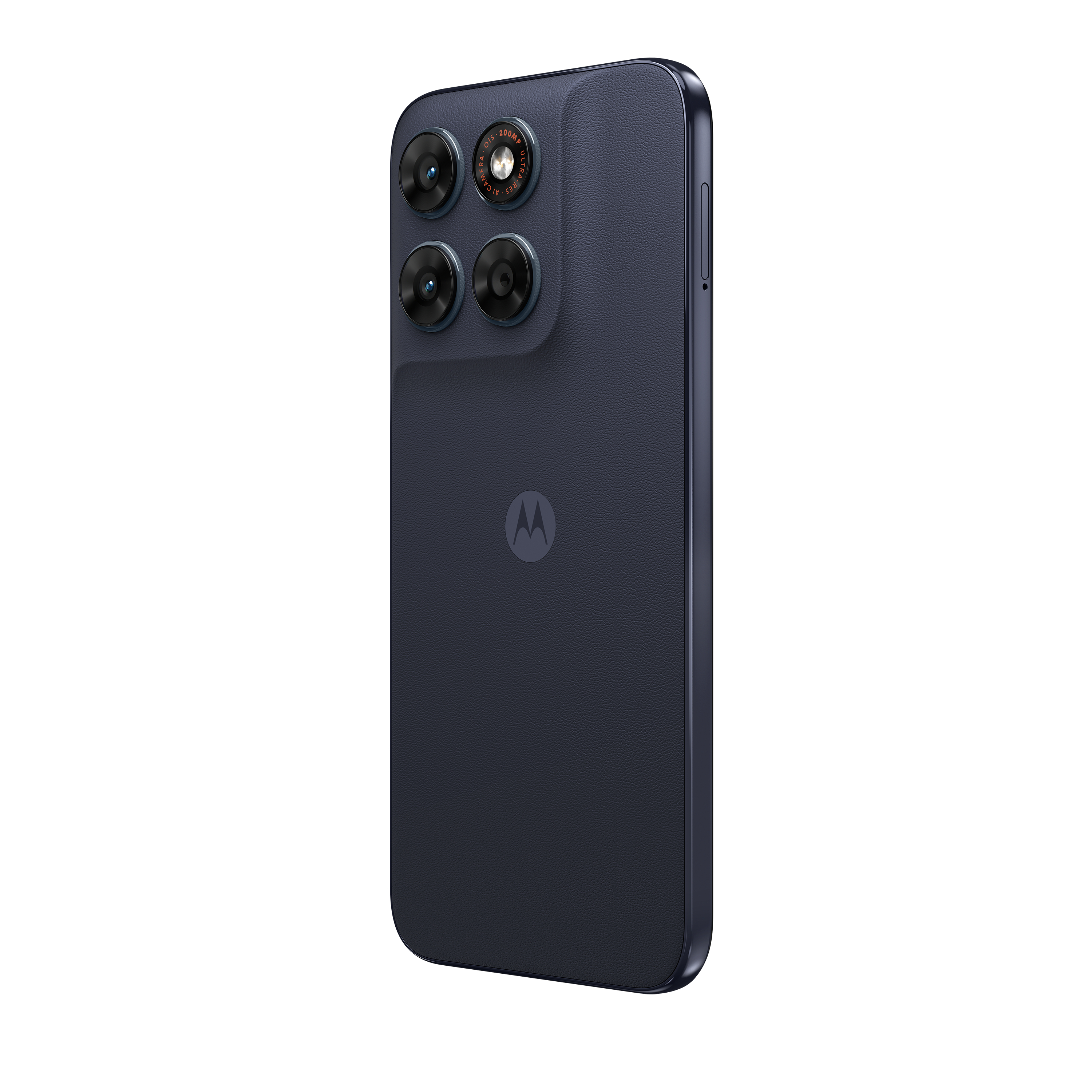 Dunkelblaues Smartphone mit vier Kameras und Motorola-Logo.