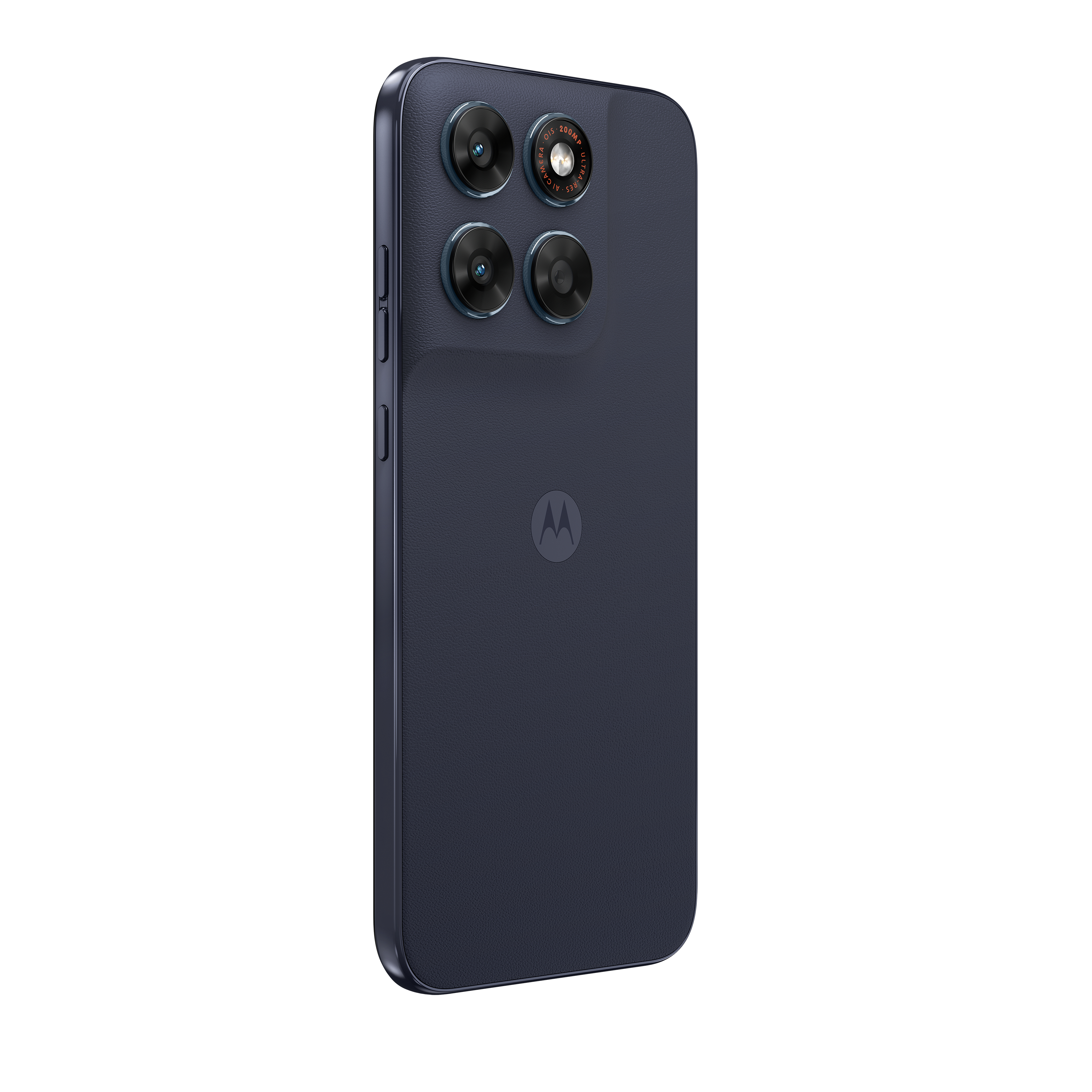 Dunkelblaues Smartphone mit vier Kameras und Motorola-Logo.