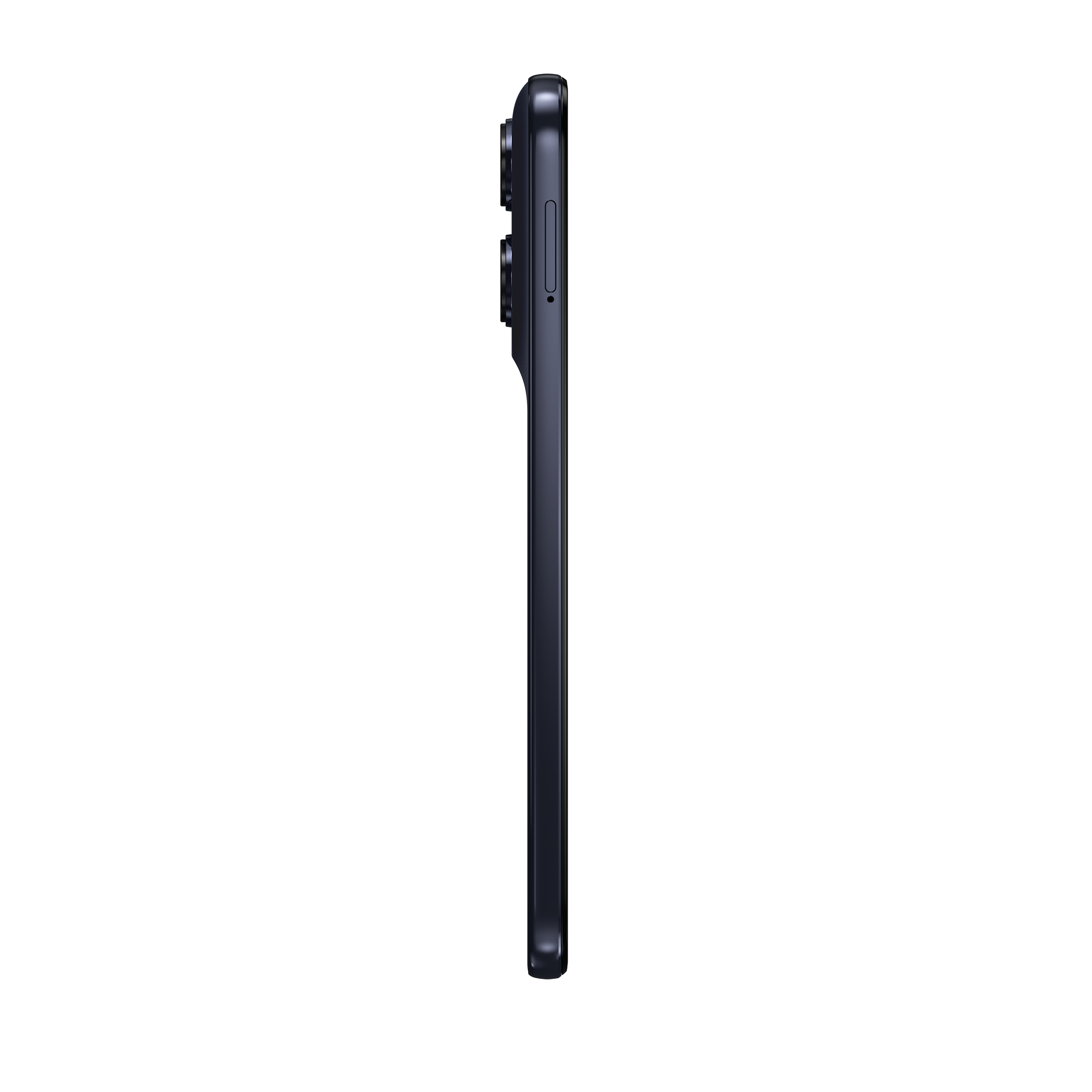 Dunkelblaues Smartphone von der Seite mit sichtbaren Kameras und Tasten.