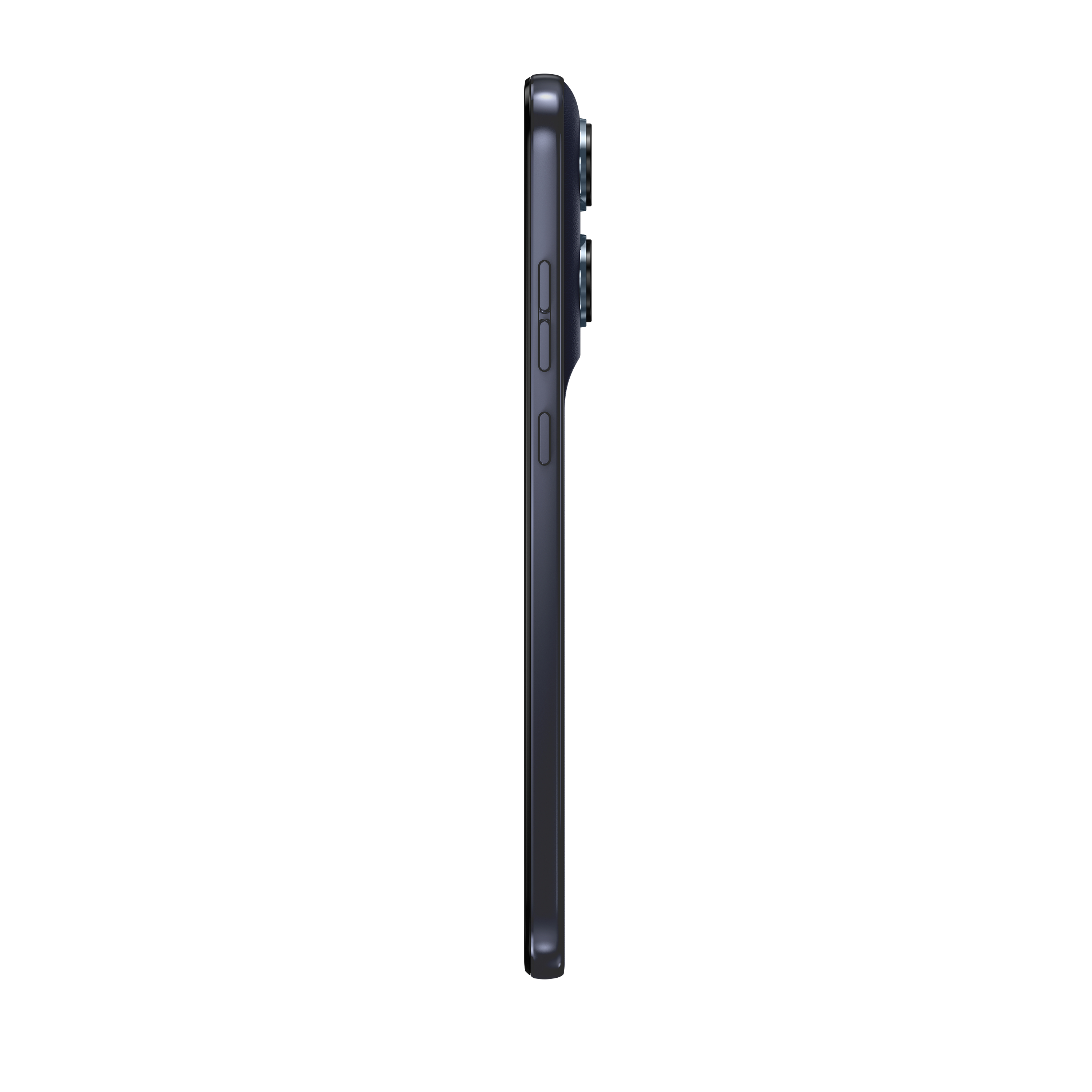 Dunkelgraues Smartphone im Profil mit Kameras und Knöpfen.