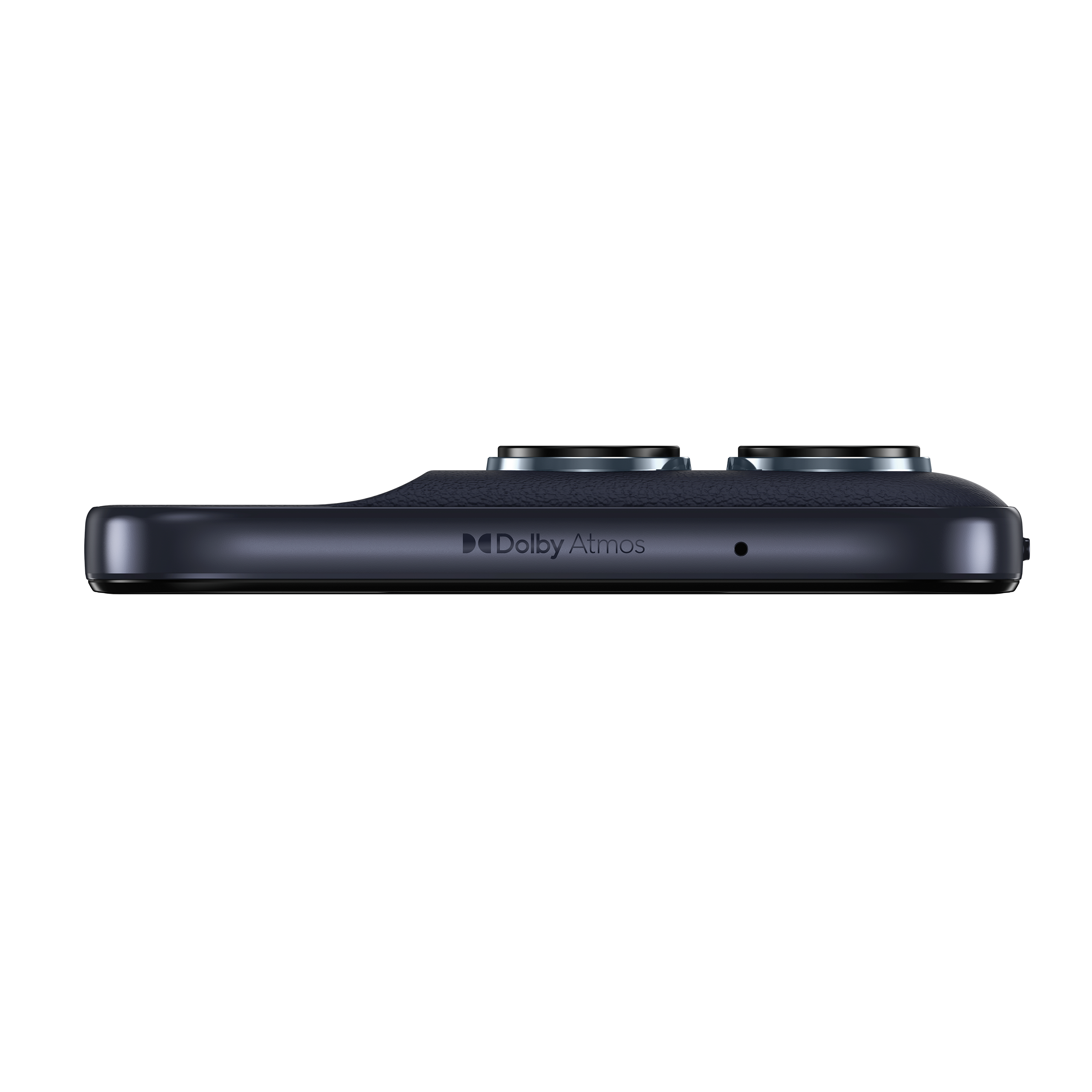Dunkelgraues Smartphone mit zwei Kameralinsen und Dolby Atmos Logo.