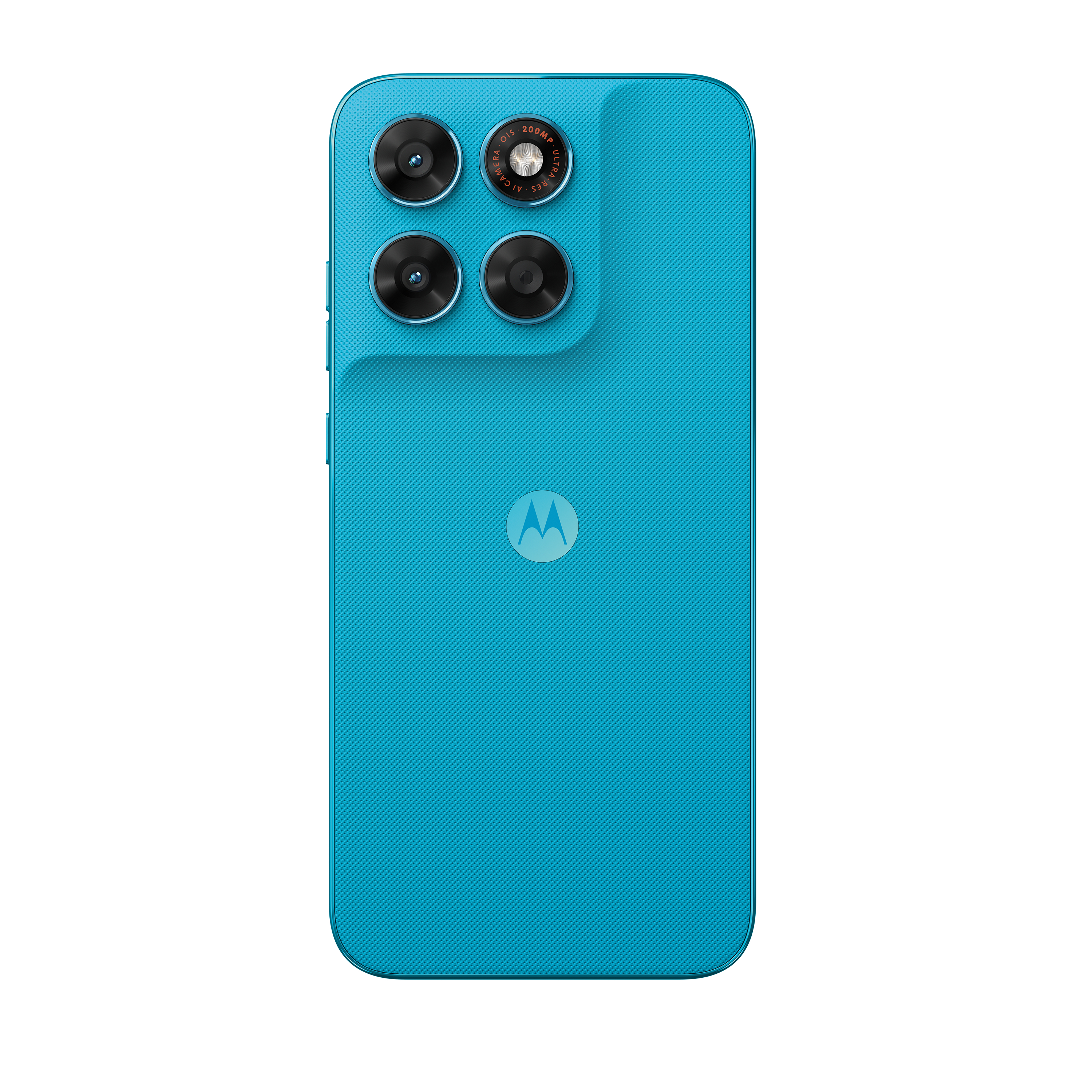 Blaues Smartphone mit vier Kameras und Motorola-Logo auf der Rückseite.