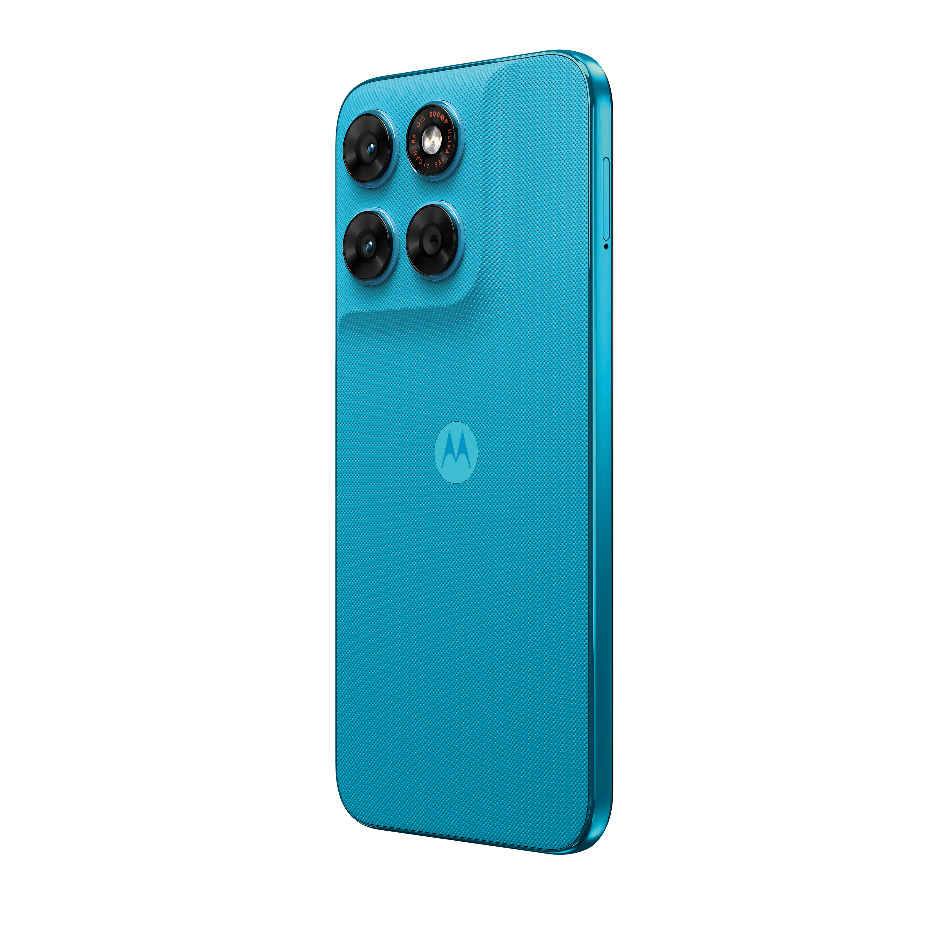 Ein blaues Smartphone mit vier Kameras und einem Motorola-Logo.