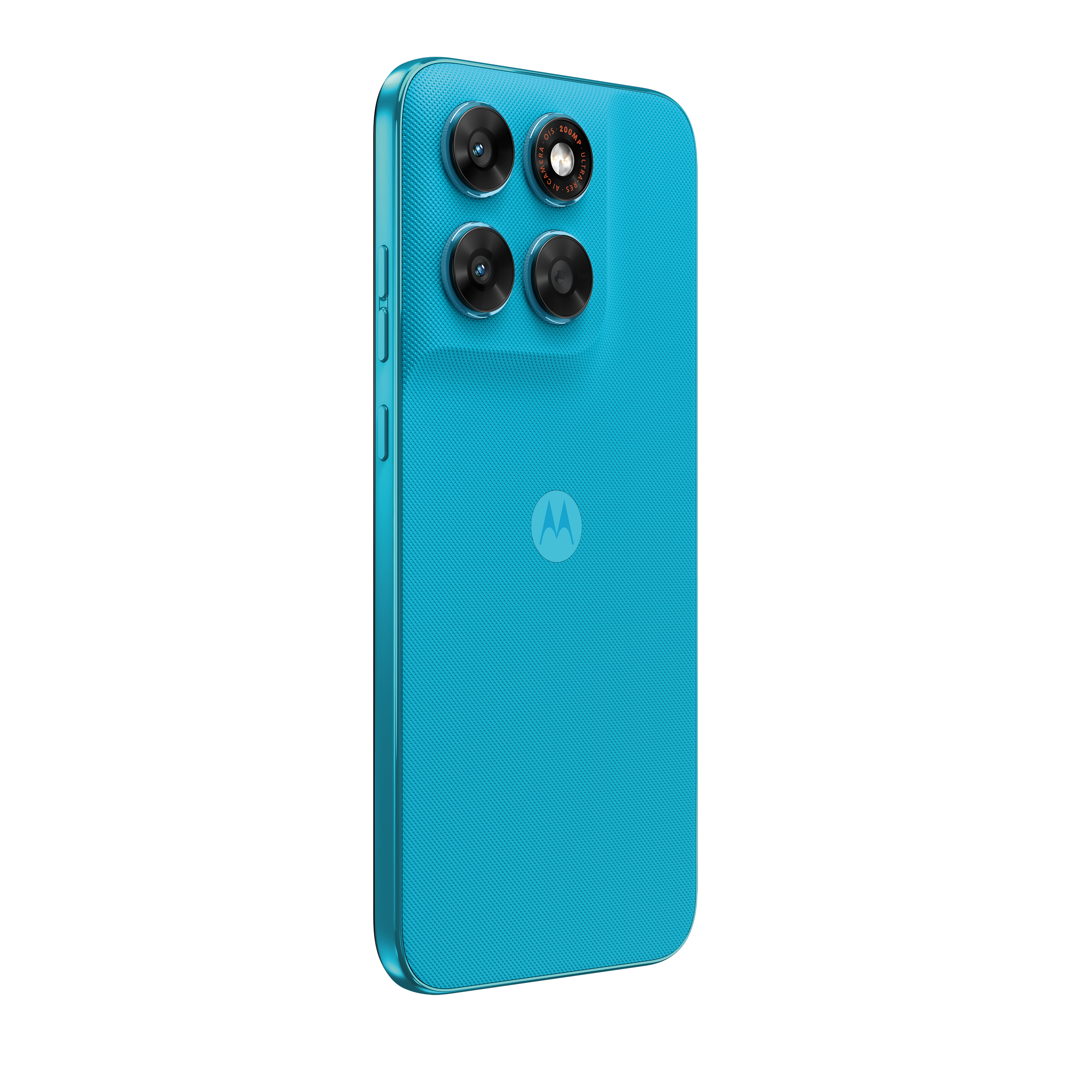 Ein türkisfarbenes Smartphone mit vier Kameras und einem Motorola-Logo auf der Rückseite.