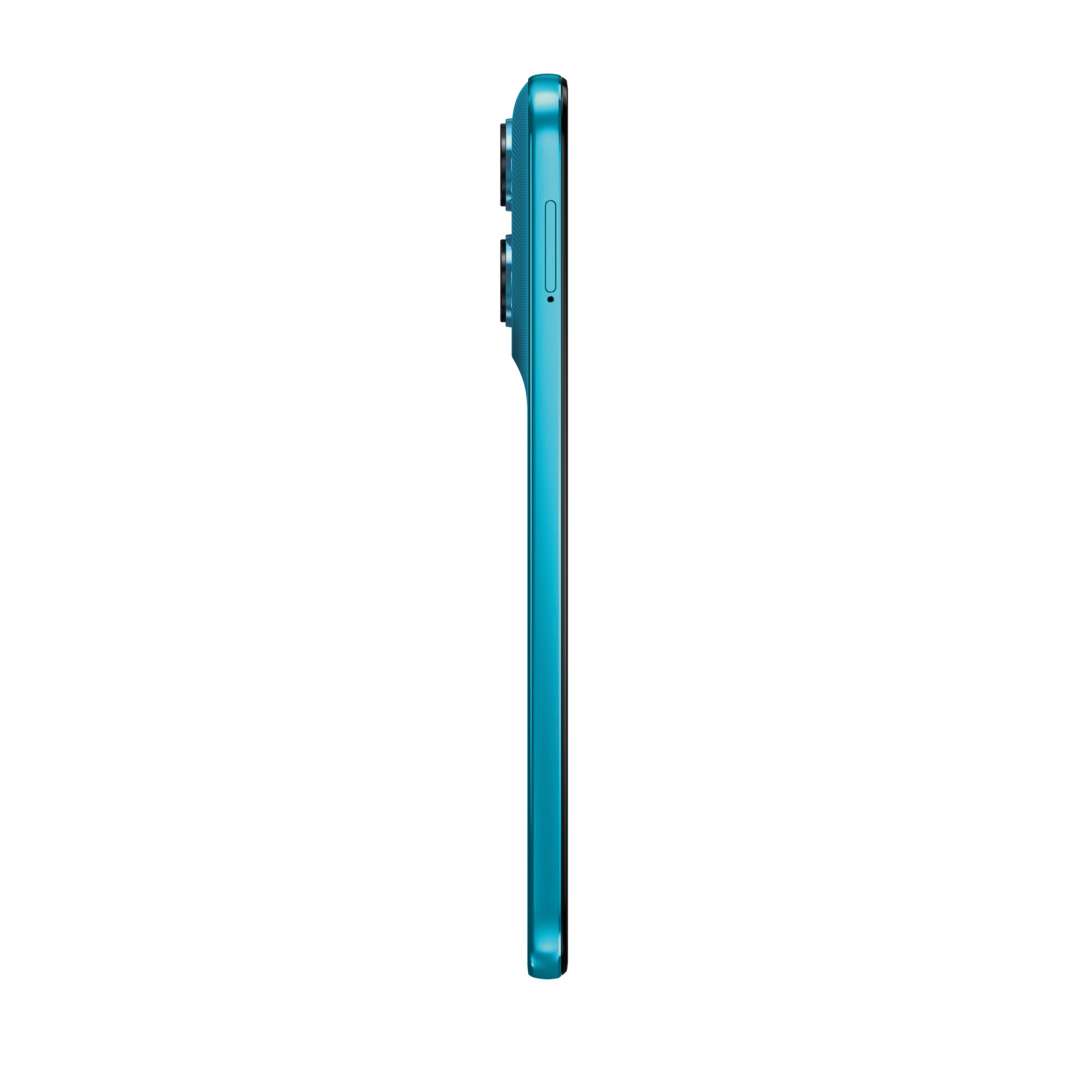Ein türkisfarbenes Smartphone mit Kameramodul auf der linken Seite.