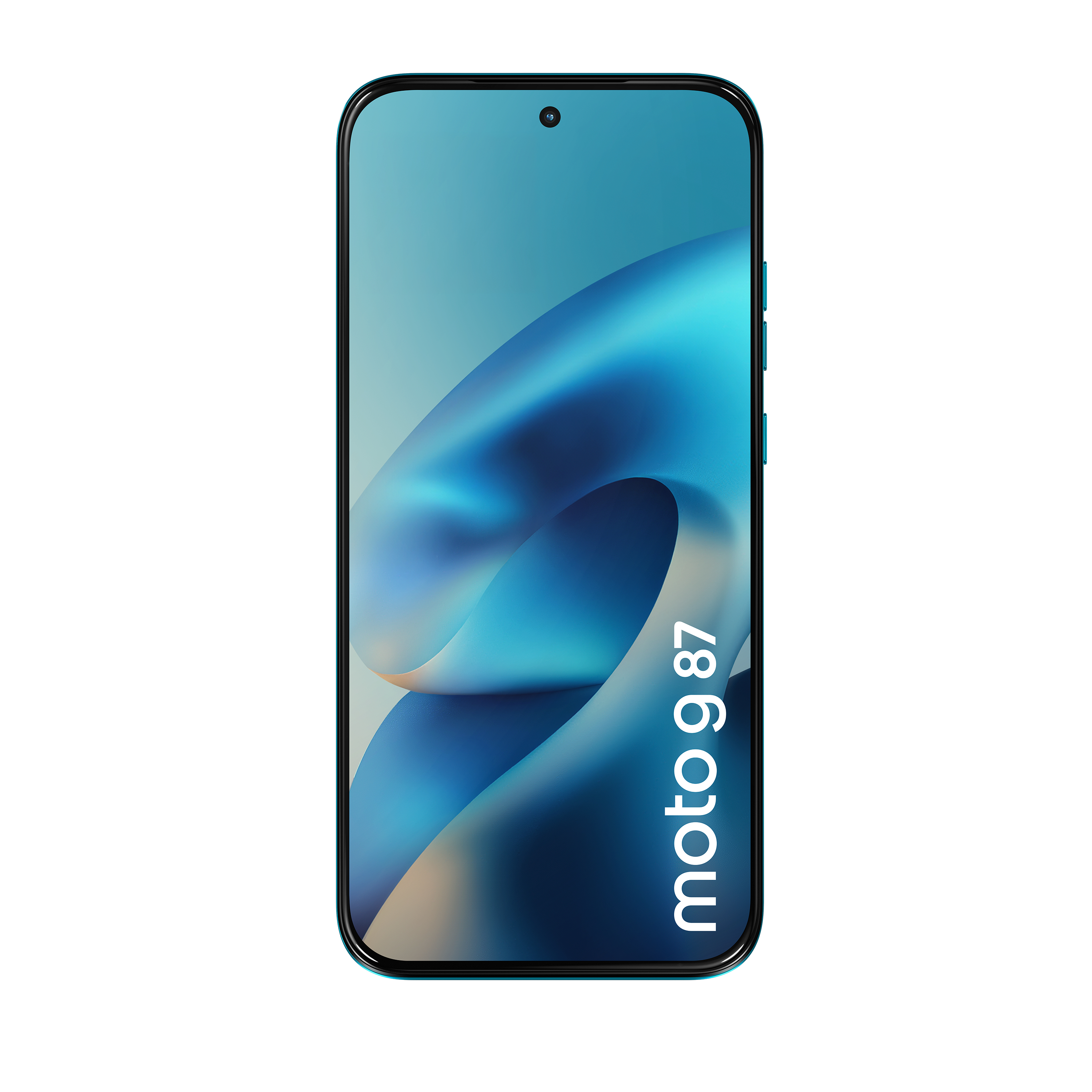 Ein blaues Smartphone mit einem abstrakten blauen Hintergrund und dem Text Moto G 87.
