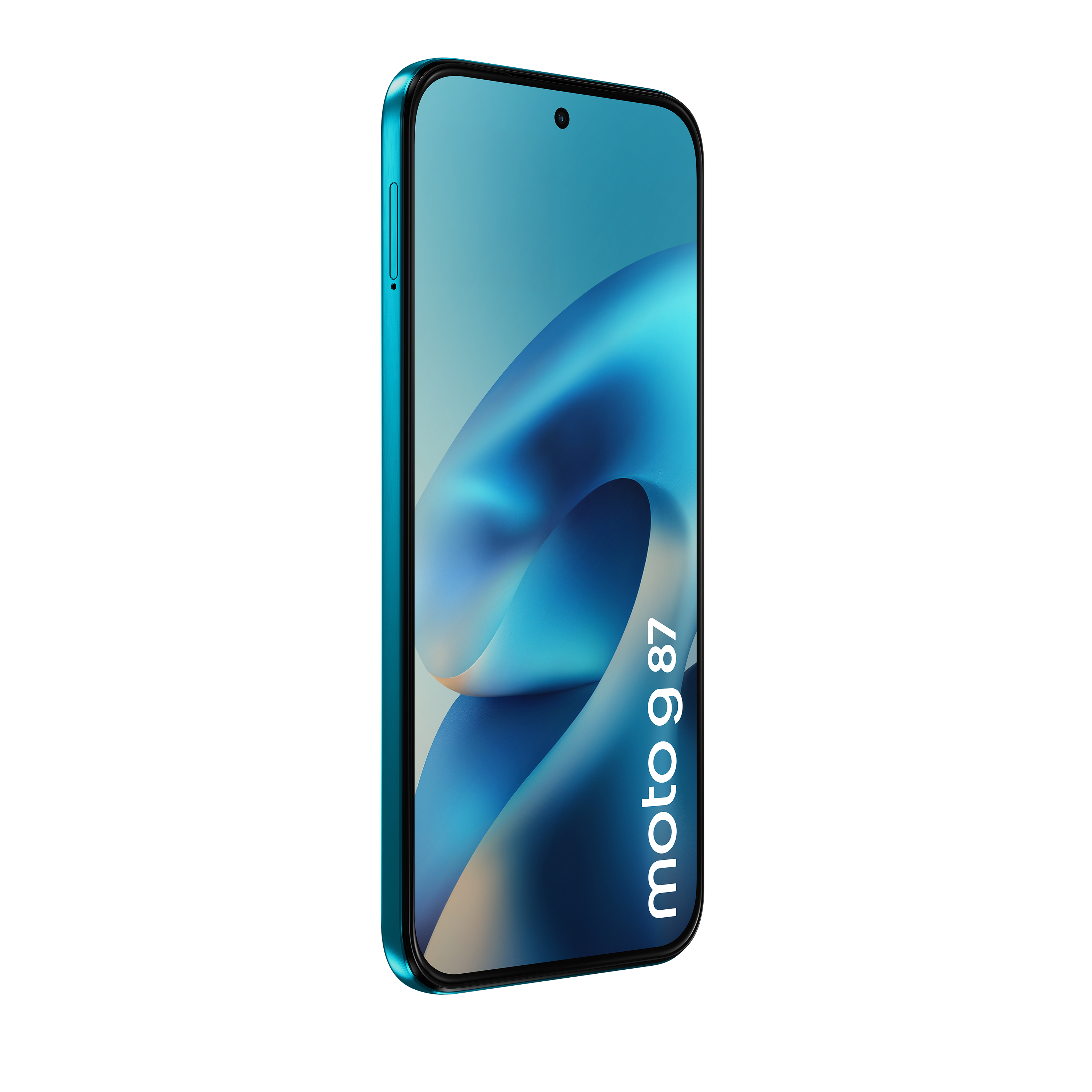 Ein tealfarbenes Smartphone mit dem Schriftzug „moto g 87“ auf dem Bildschirm.