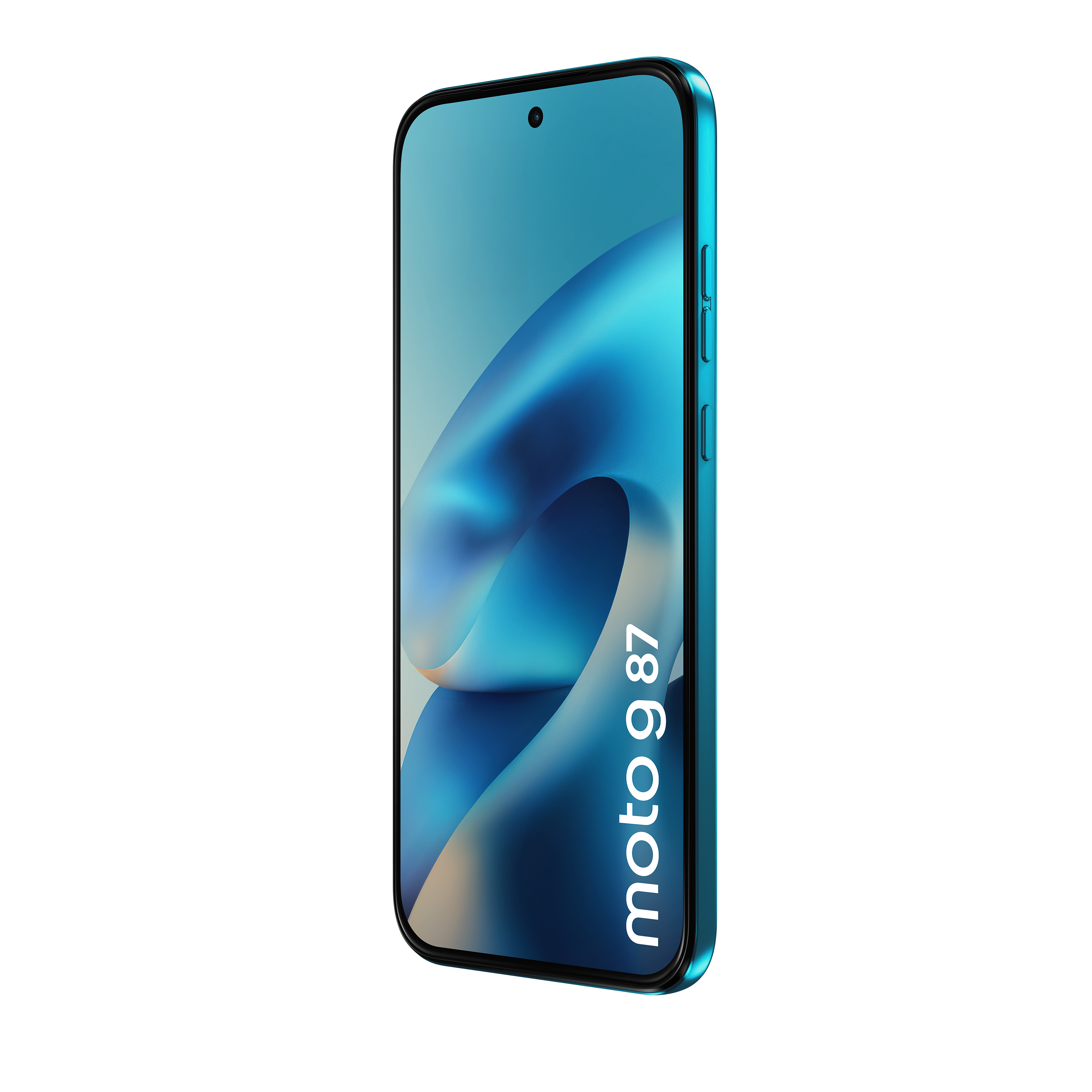 Ein türkisfarbenes Smartphone mit „moto g 87“ auf dem Bildschirm.