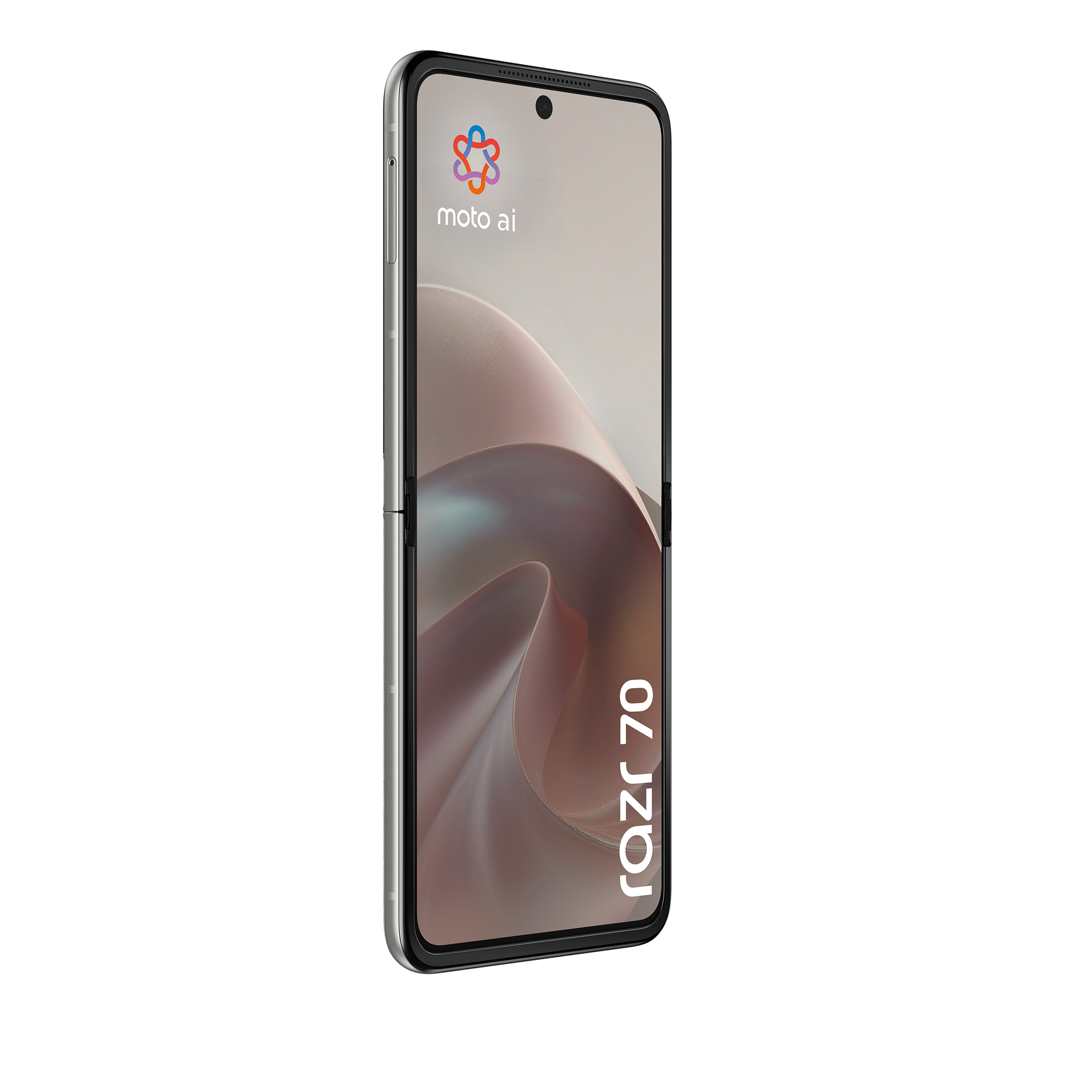 Geschlossenes Motorola Razr 70 Smartphone mit einem grauen Rahmen und einem bunten Logo.