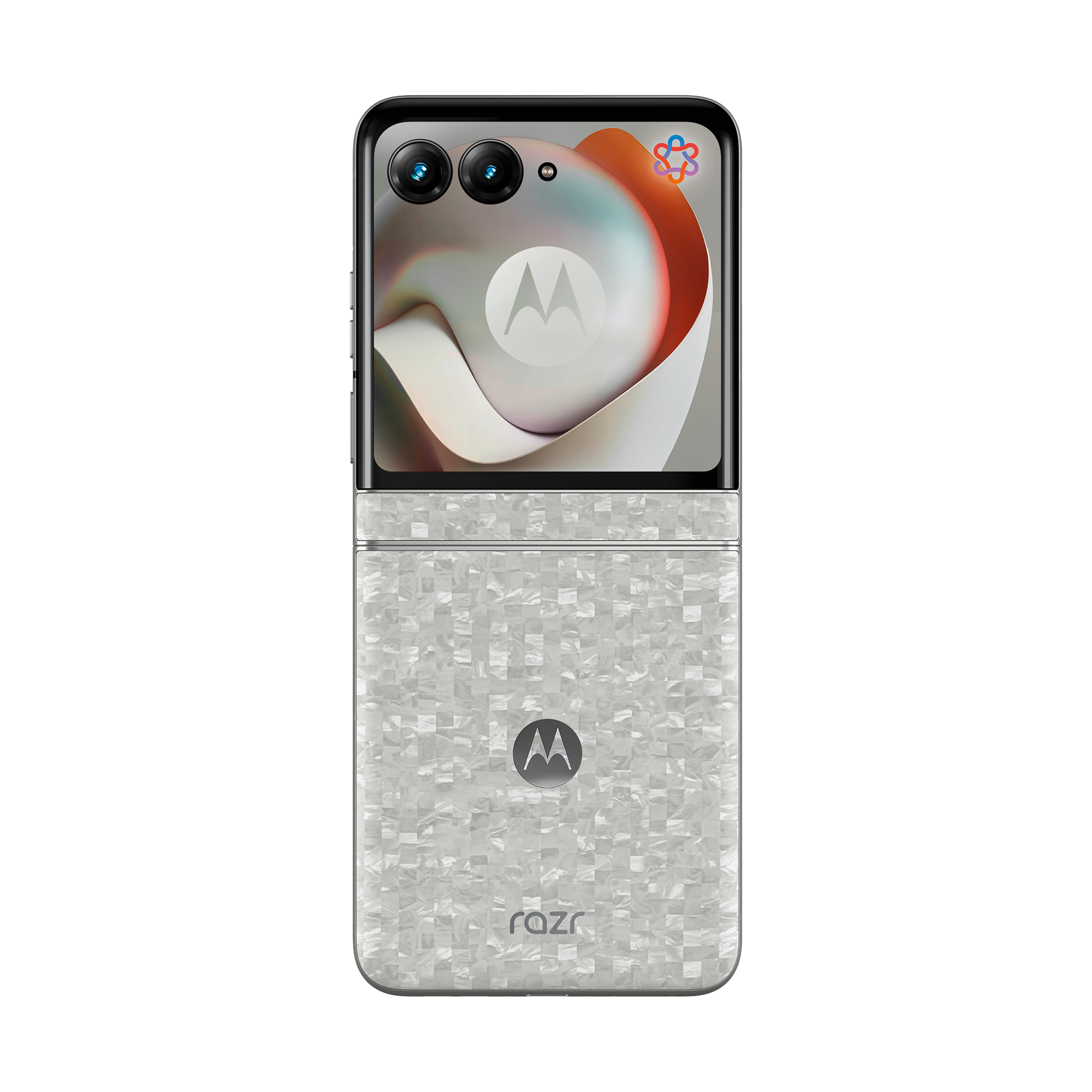 Ein aufgeklapptes Motorola Razr-Handy in Silber mit Mosaikmuster.