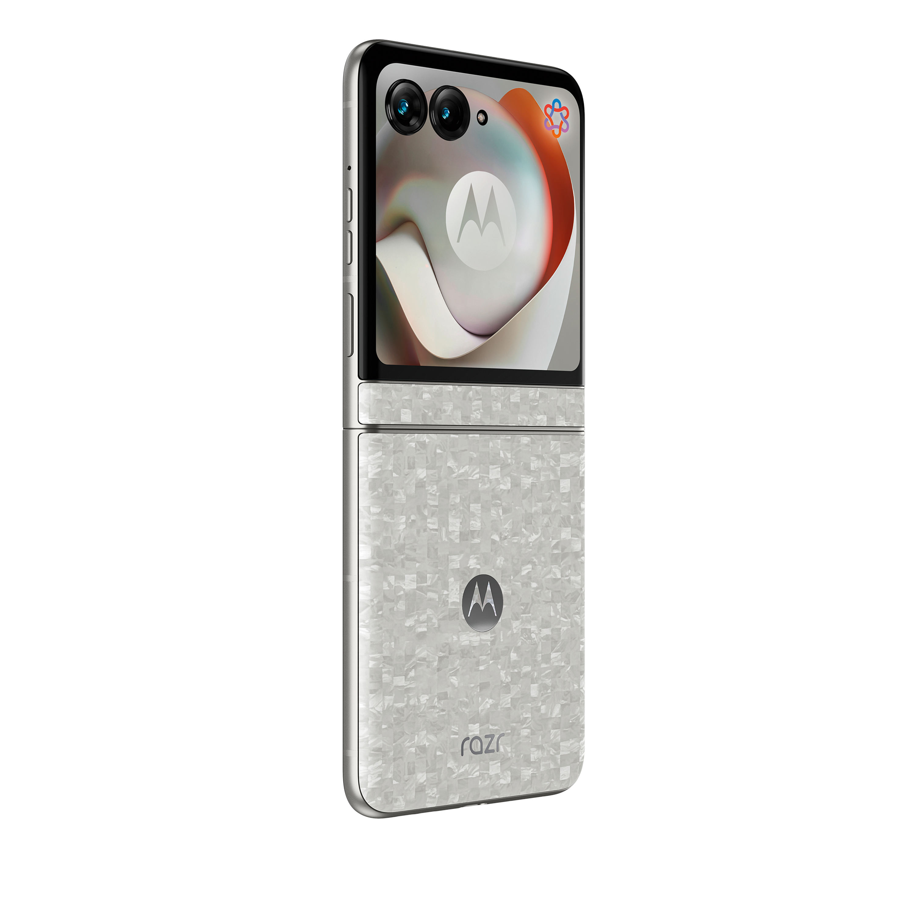Ein weißes Motorola Razr Klapphandy ist geöffnet, mit zwei Kameras oben.