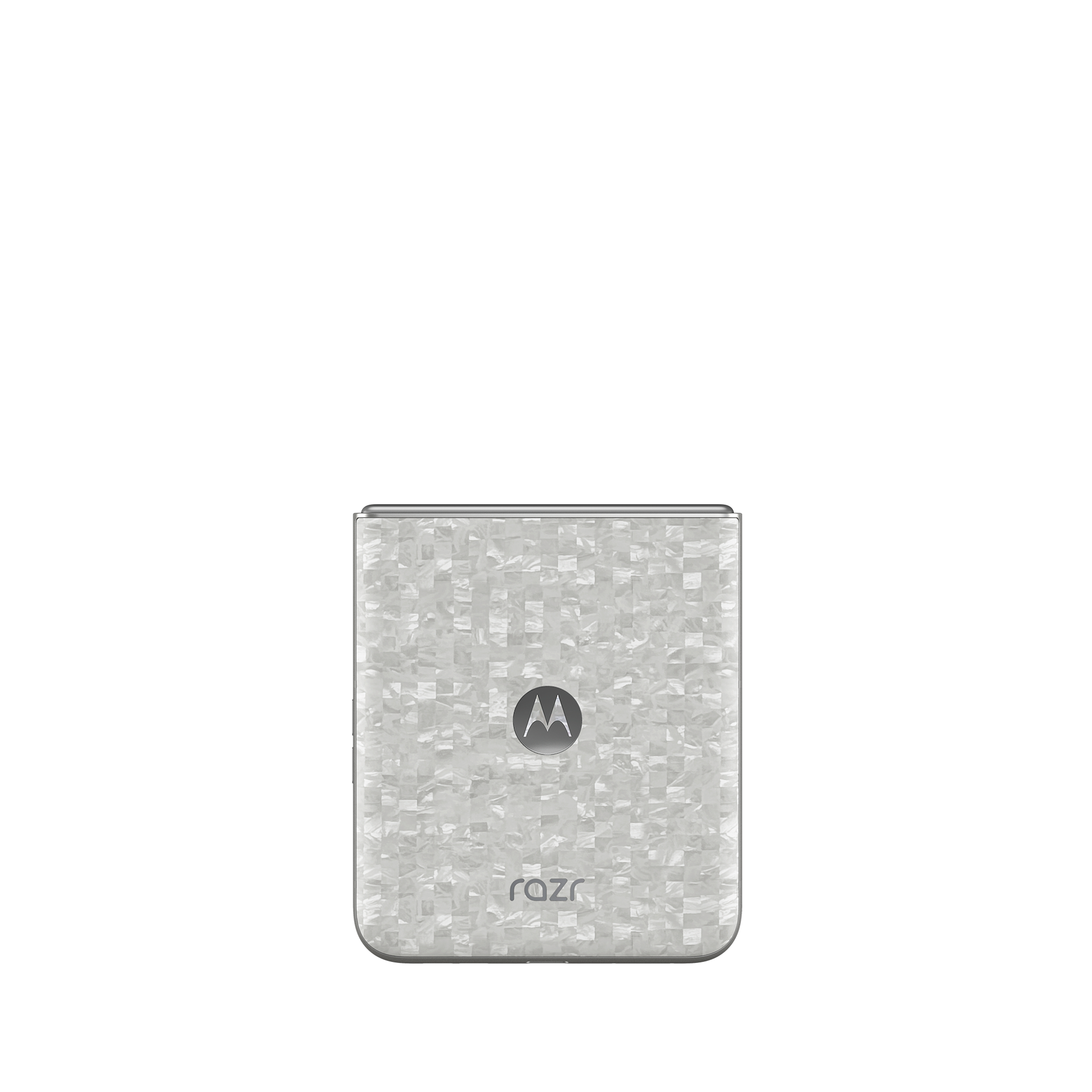Ein geschlossenes Motorola Razr-Telefon mit weißem Marmormuster und Motorola-Logo.