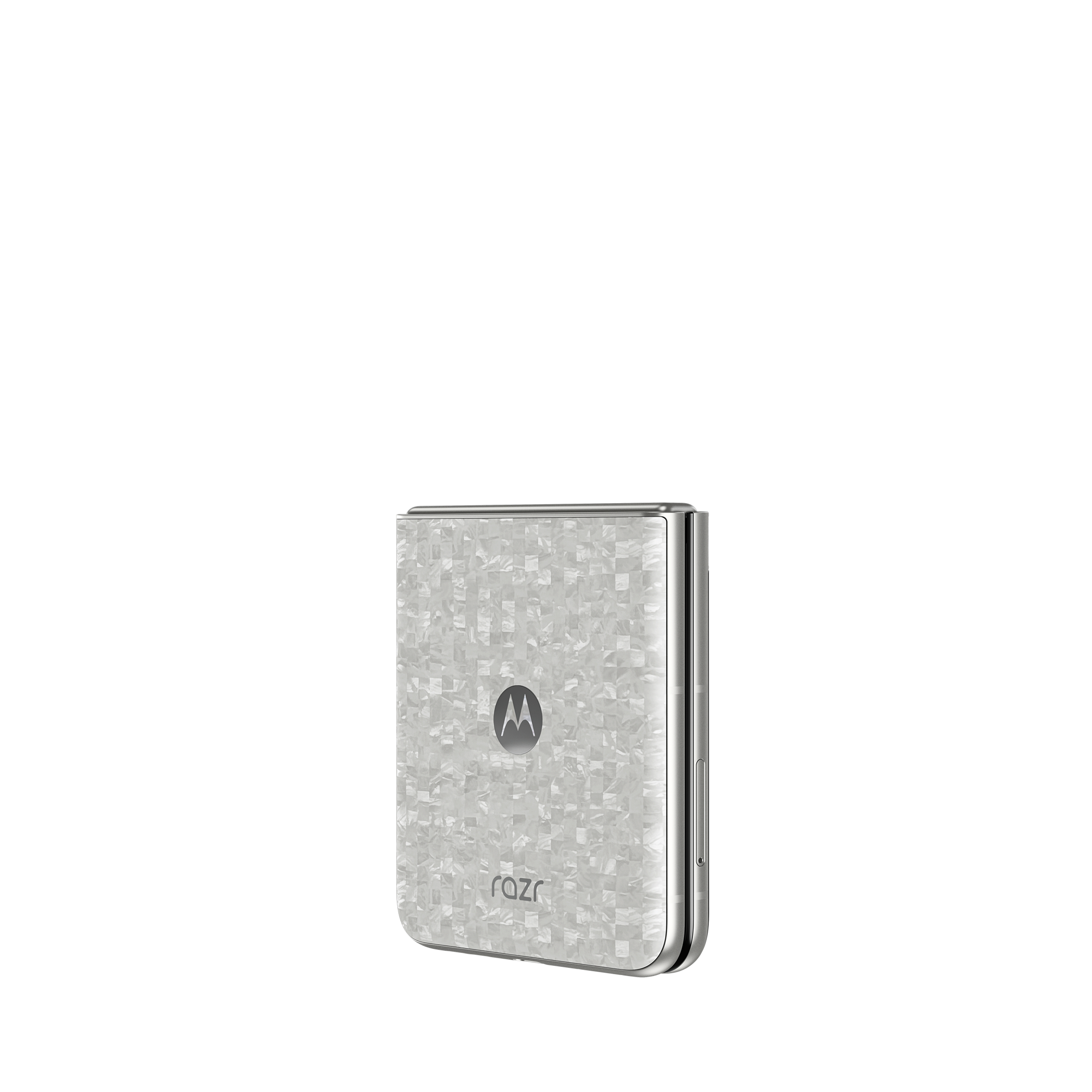 Ein geschlossenes, weißes Motorola Razr-Handy mit schillerndem Muster und silbernem Logo.