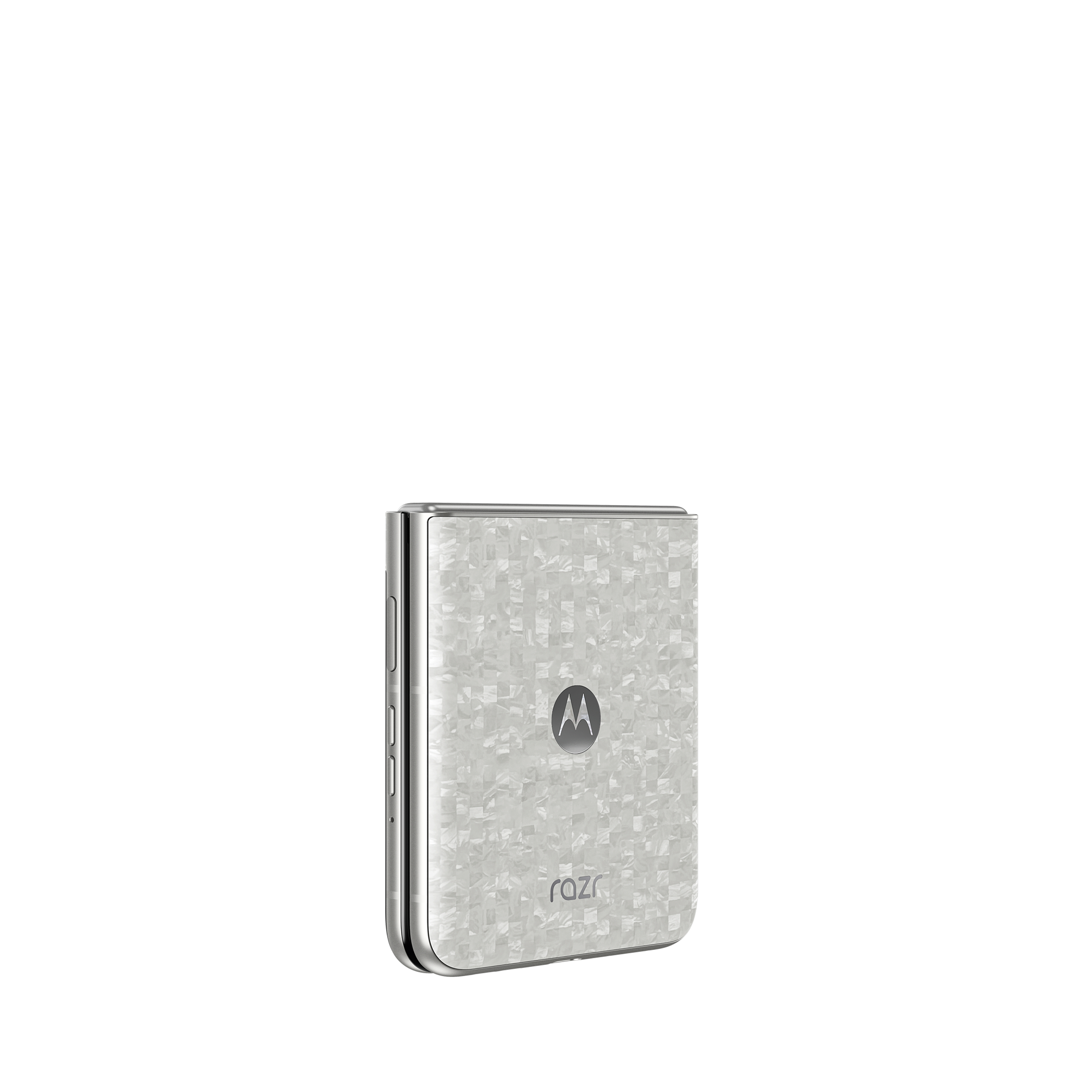 Ein geschlossenes Motorola Razr Smartphone in Perlmutt-Optik mit Mosaikmuster.