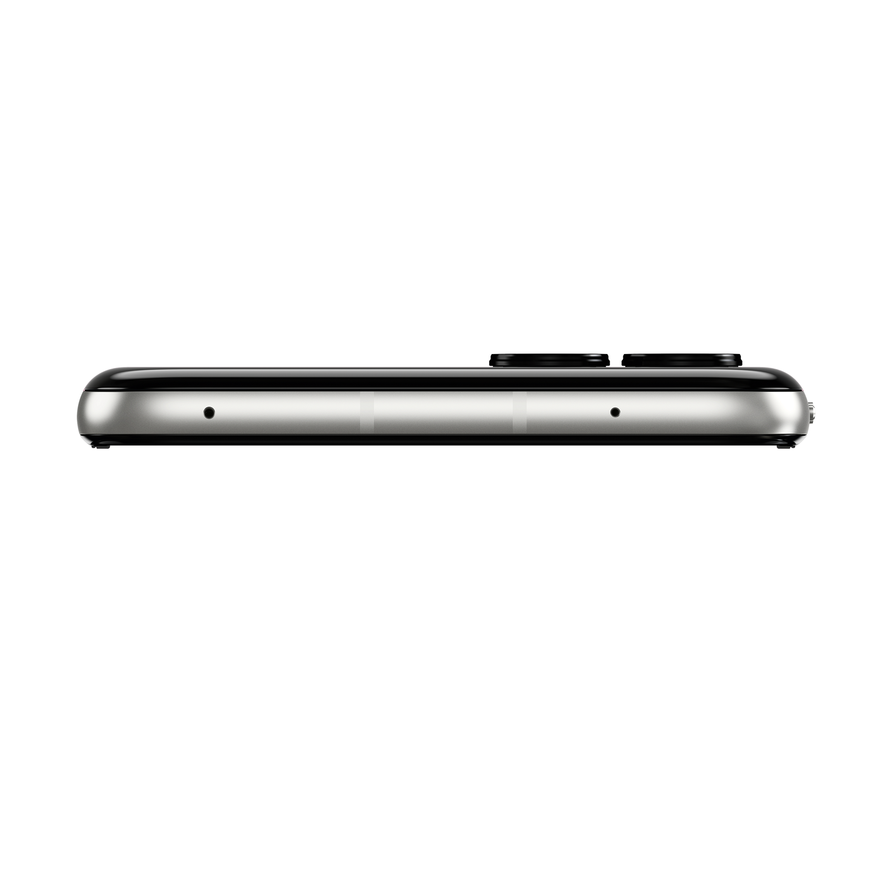 Die Oberseite eines silbernen Smartphones mit schwarzen Tasten und Lautsprechern.