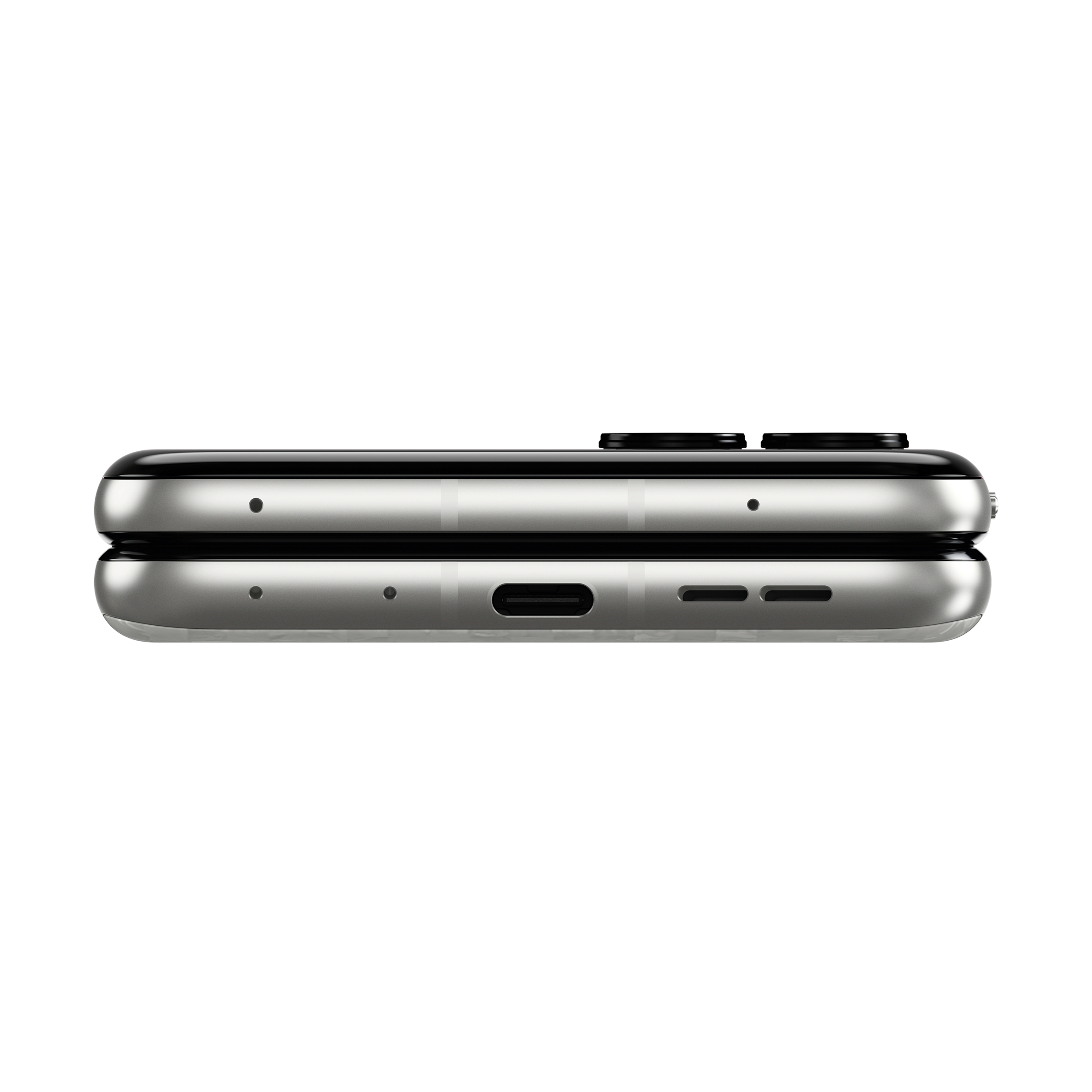 Ein silbernes Smartphone mit USB-C-Anschluss, Mikrofon und Lautsprecher.