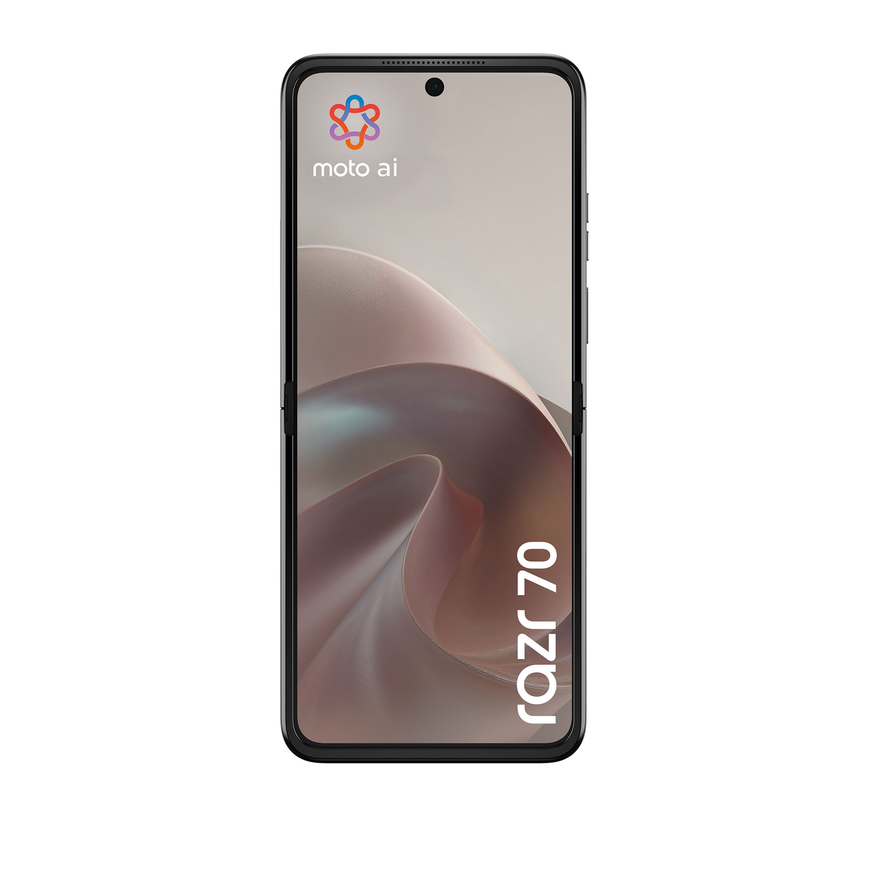 Ein geschlossenes Smartphone mit dem Logo "moto ai" und "razr 70".
