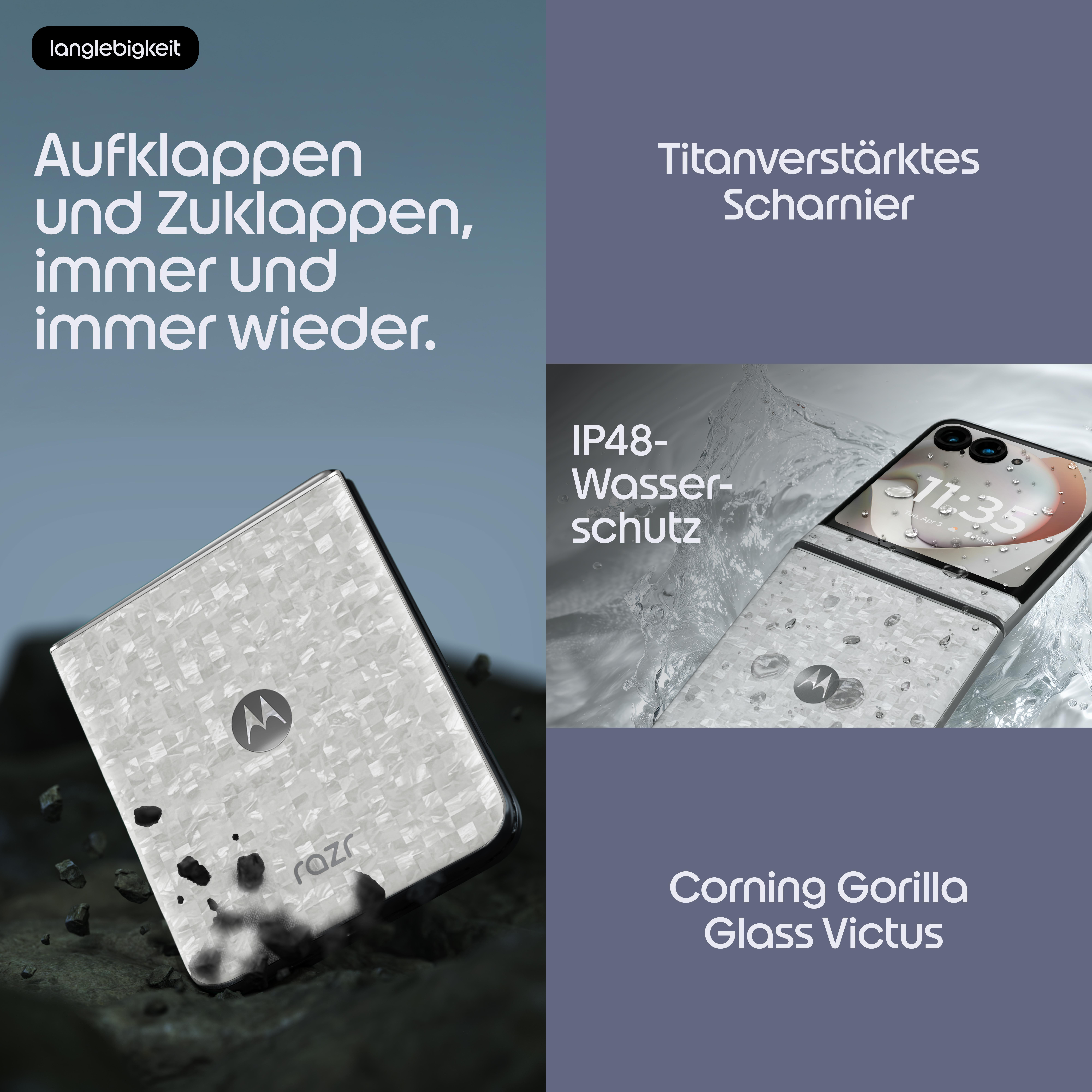 Ein aufklappbares Handy mit weißem Muster, das nass wird. Titan-Scharnier.