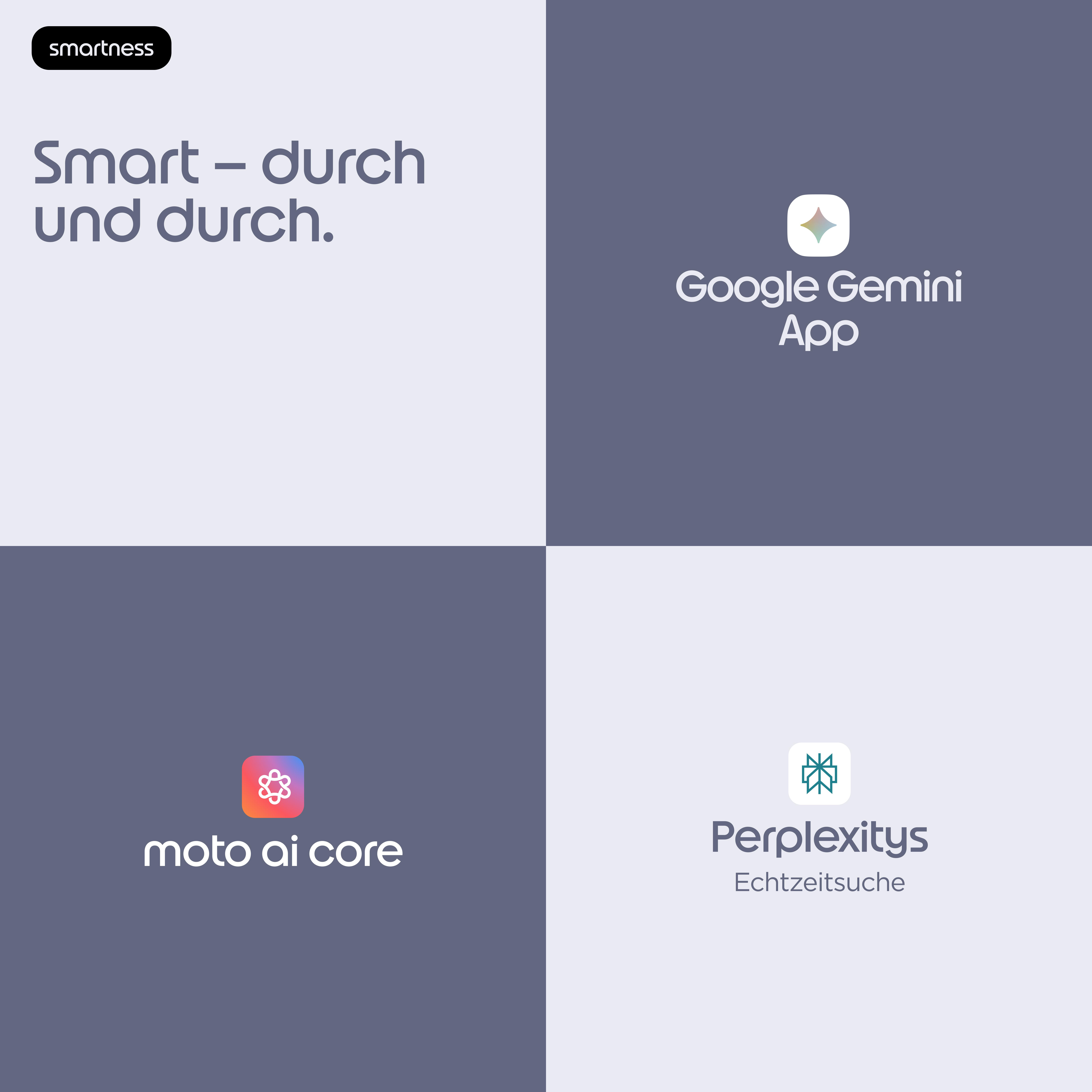 Vier Felder mit Logos und Text: Smartness, Google Gemini App, moto ai core, Perplexitys.
